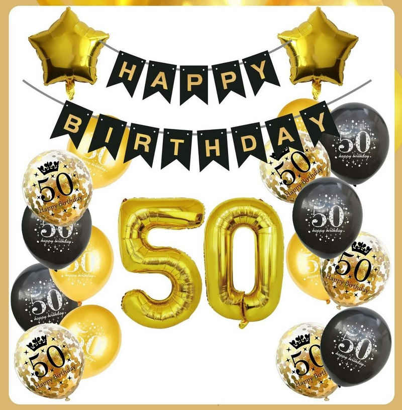 Montegoni Aufblasbares Partyzubehör 50 Geburtstag Deko Set Schwarz Gold, 20 Teilig Set: Girlande, Zahlen, Stern, Konfetti, Latex Ballons