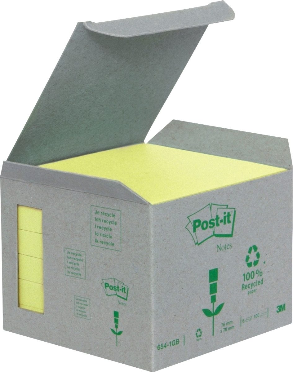 Post-it Notes Haftnotizblock Haftnotizen Recycling 76x76mm gelb VE=6x100 Blatt