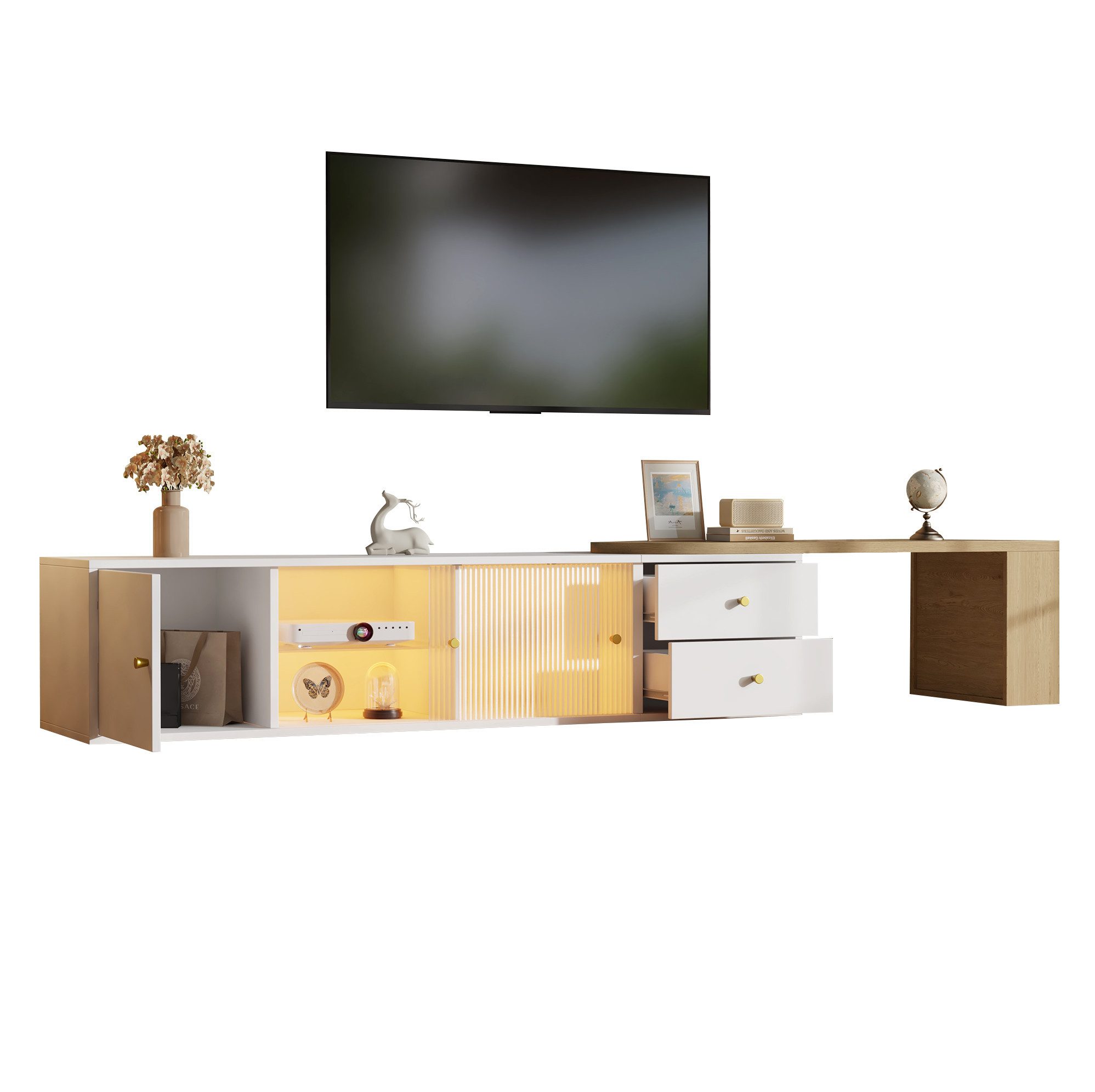REDOM TV-Schrank Multifunktionales TV Möbel (mit seitlichem Regal, geschlossenen und offenen Fächern sowie modernem Stauraumkonzept für Wohnzimmer in zeitgemäßem Design, 1-St., B175 (verstellbar in der Länge) /D40 /H35.5 cm)
