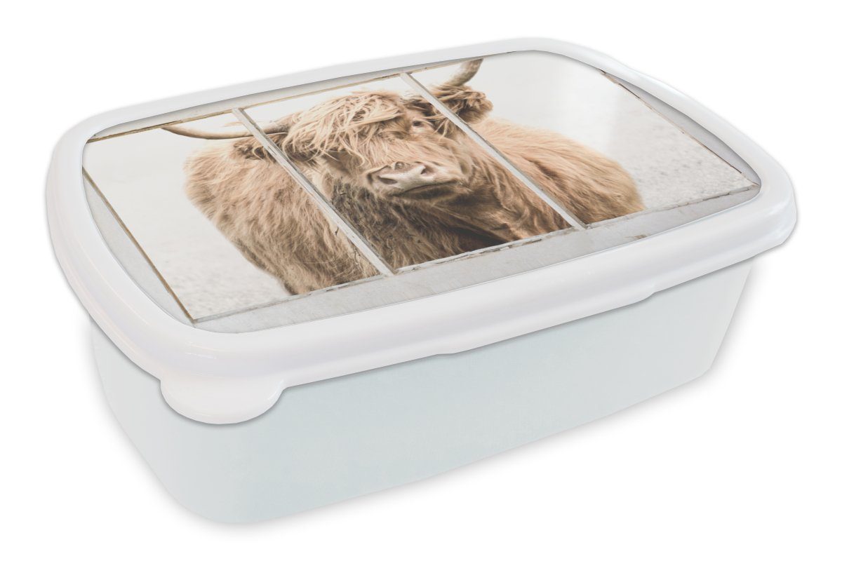 MuchoWow Lunchbox Scottish Highlander - Ansicht - Nebel, Kunststoff, (2-tlg), Brotbox für Kinder und Erwachsene, Brotdose, für Jungs und Mädchen weiß