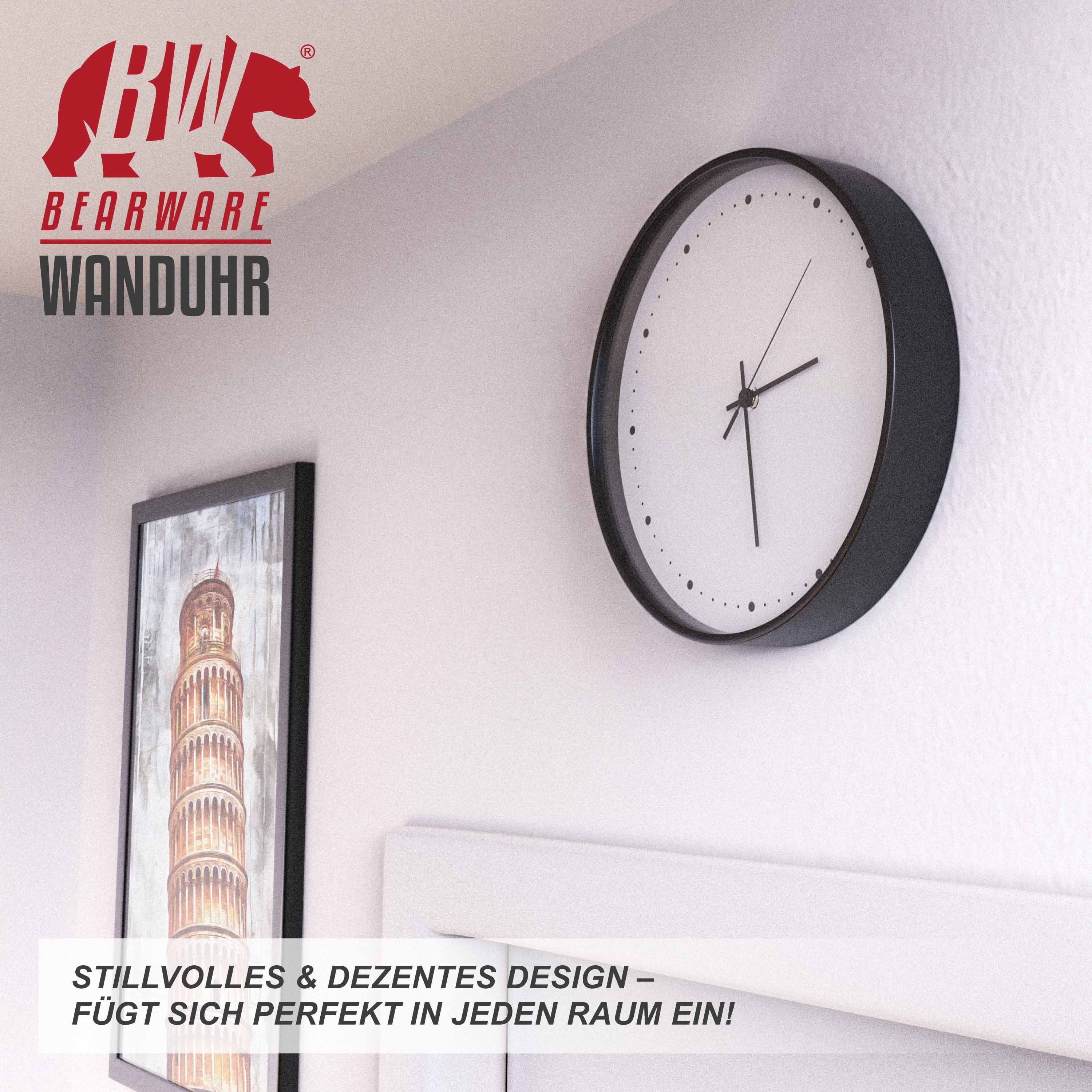 BEARWARE Funkwanduhr Wanduhr rund, Funkuhr, neutrales Design mit Glasabdeckung (Bürouhr Küchenuhr 24cm Ø, analoge Anzeige, DCF-Signal, Batteriebetrieb) – Bild 5 von 5