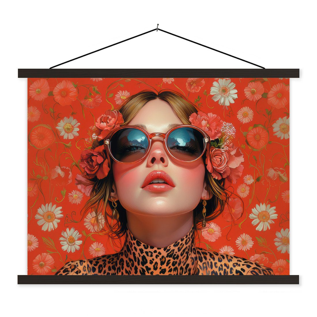 MuchoWow Плакат Frau - Bunt - Tiermuster - Blumen, (1 St), Magnetische Плакатleiste, Holzleisten, Textilposter, 40x30 cm