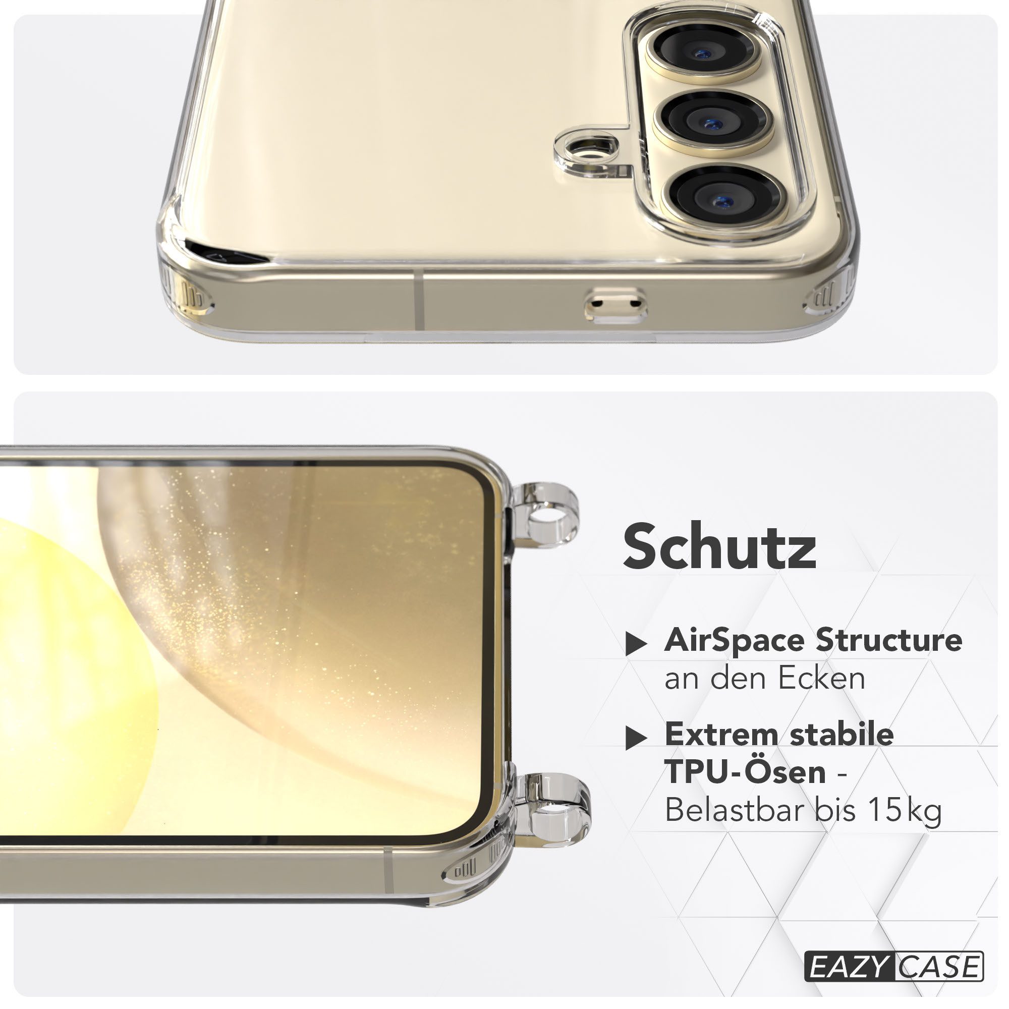 EAZY CASE Handykette Handyhülle für Handyketten mit Befestigungsösen für Samsung Modelle 6,2 Zoll, Hülle für Handykette, Transparent mit Ösen für Samsung Galaxy S24