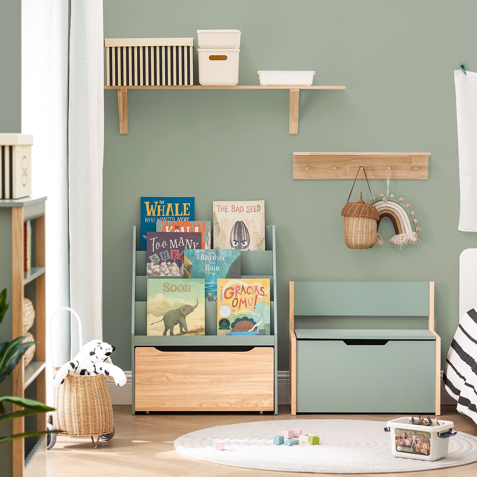 SoBuy Kinderregal KMB95, Spielzeugregal Kinderzimmer-Regal Standregal, mit Rollen, Kinder Bücherregal mit 4 Ablagen Spielzeugtruhe Aufbewahrungsregal