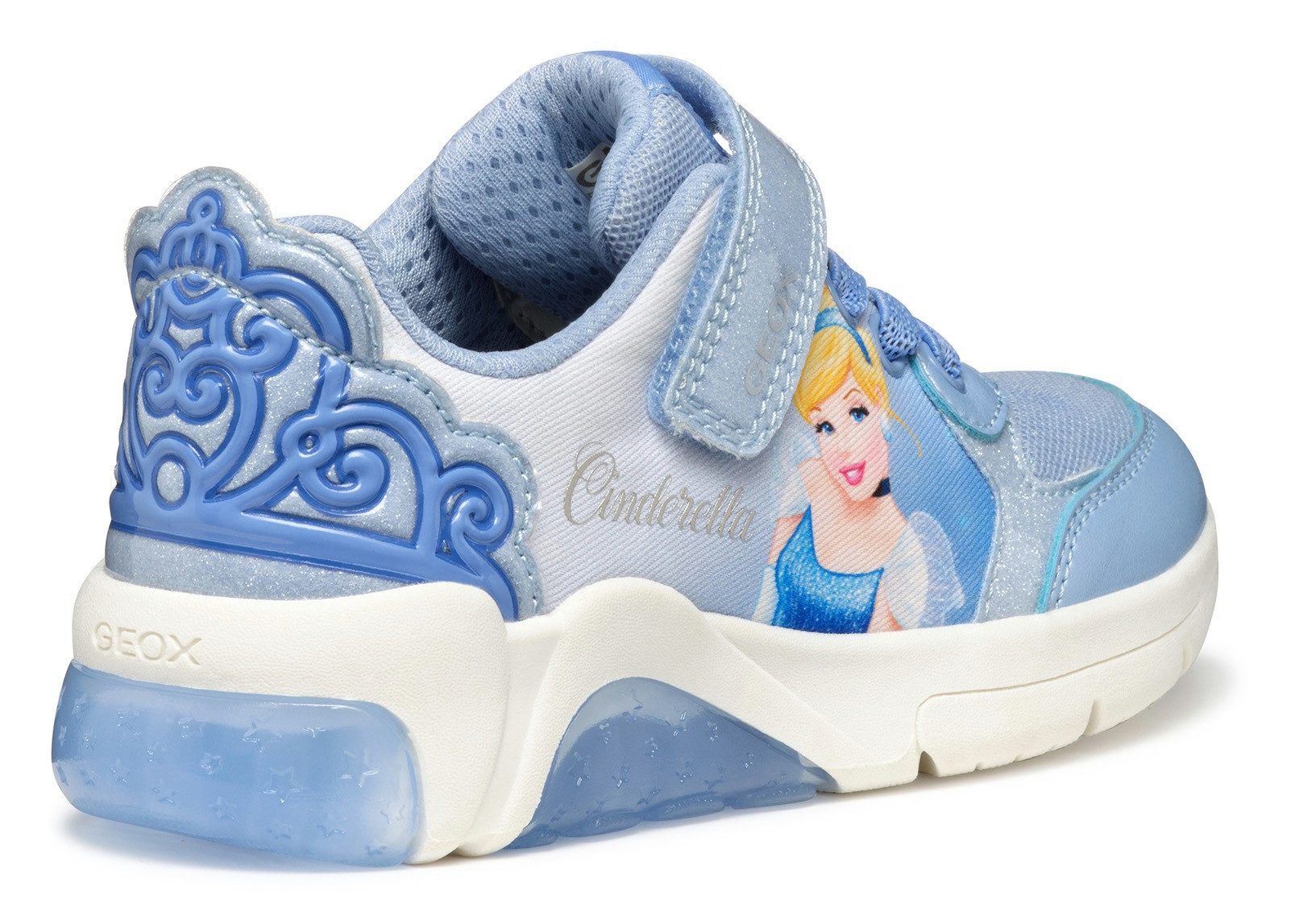 Geox J FADINLIGHT GIRL Blinkschuh Sneaker Disney Sneaker, Klettschuh mit Glitzer und Cinderella Motiv, Blinki