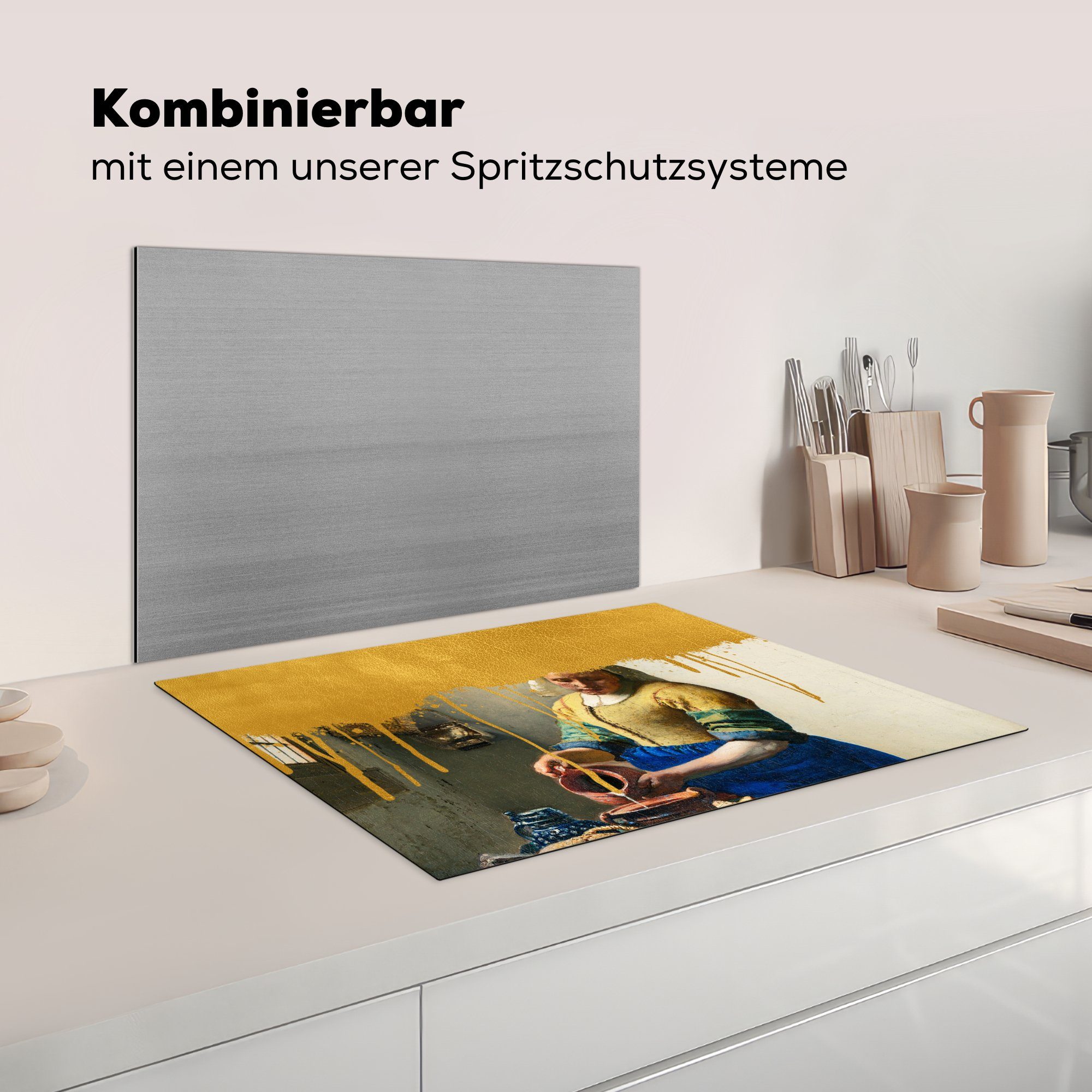 cm, (1 Induktionskochfeld 71x52 Vinyl, für Vermeer Ceranfeldabdeckung MuchoWow Schutz küche, Herdblende-/Abdeckplatte Gold - Milchmädchen, die tlg), -