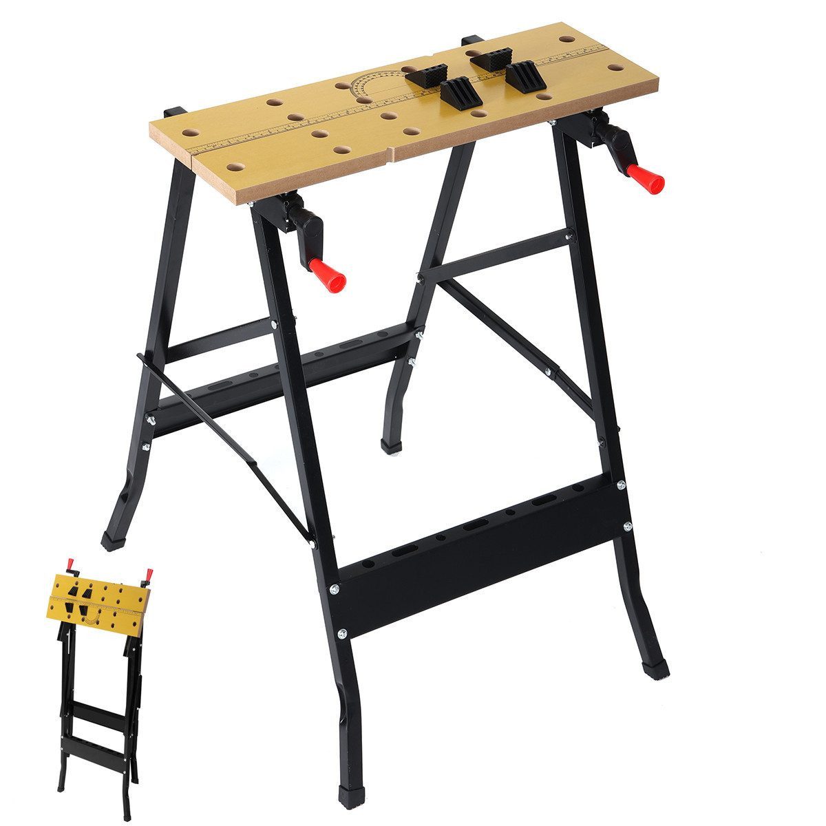 Insma Werkbank Klappbare Werkbank Arbeitstisch für Holzarbeiten, mit Zwingen, Lineal & Winkelmesser, kompakt & stabil, 56x30cm