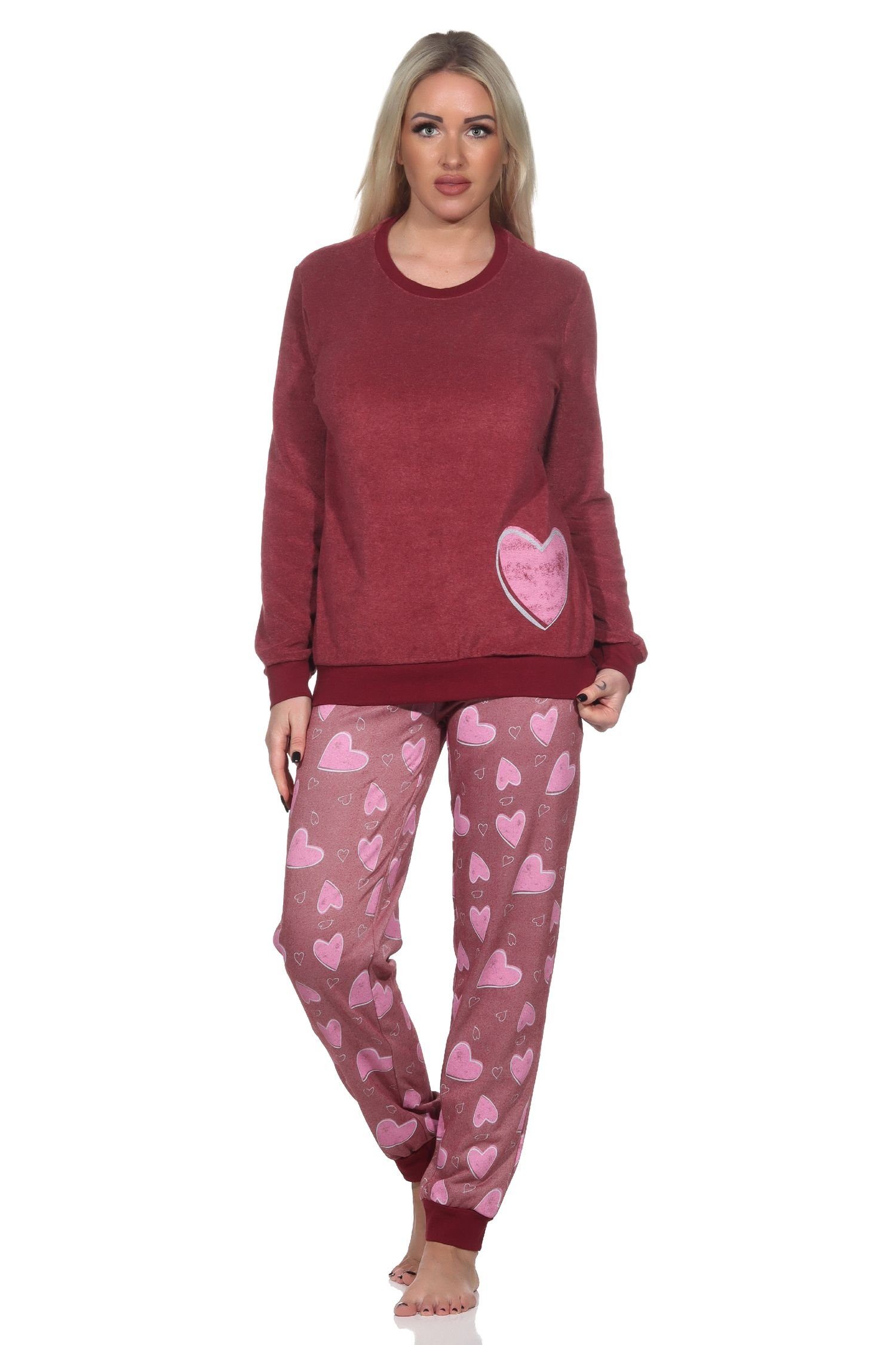 Schlafanzug Optik mit Herz Damen Normann Frottee beere Bündchen langarm in Normann Pyjama