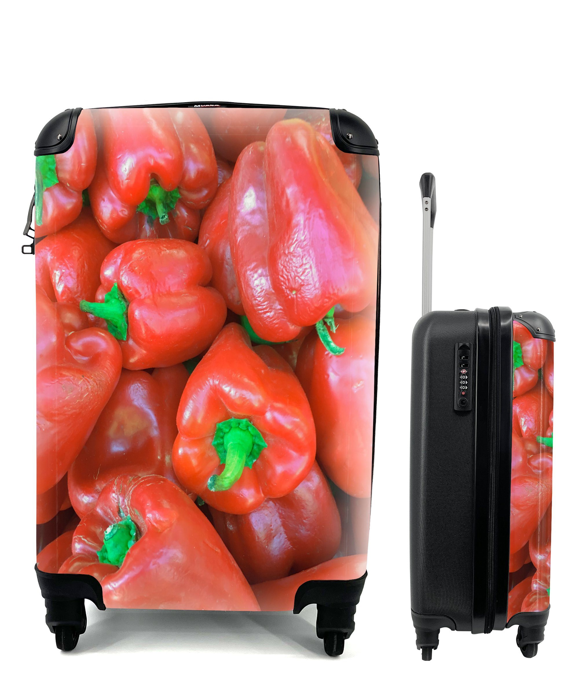 MuchoWow Handgepäckkoffer Ein glänzender Haufen roter Paprika, 4 Rollen, Reisetasche mit rollen, Handgepäck für Ferien, Trolley, Reisekoffer