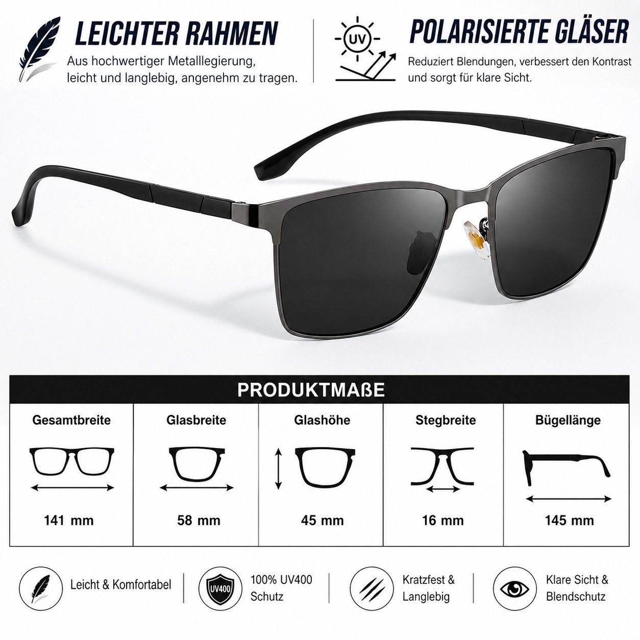 ibettertec Sonnenbrille Herren polarisierte Sonnenbrille Metallgestell UV400 Kat.3 Sportbrille (Herren Polarisierte Sonnenbrille Metallgestell UV400 Kategorie 3 Sportbrille für Autofahren Angeln Wandern)