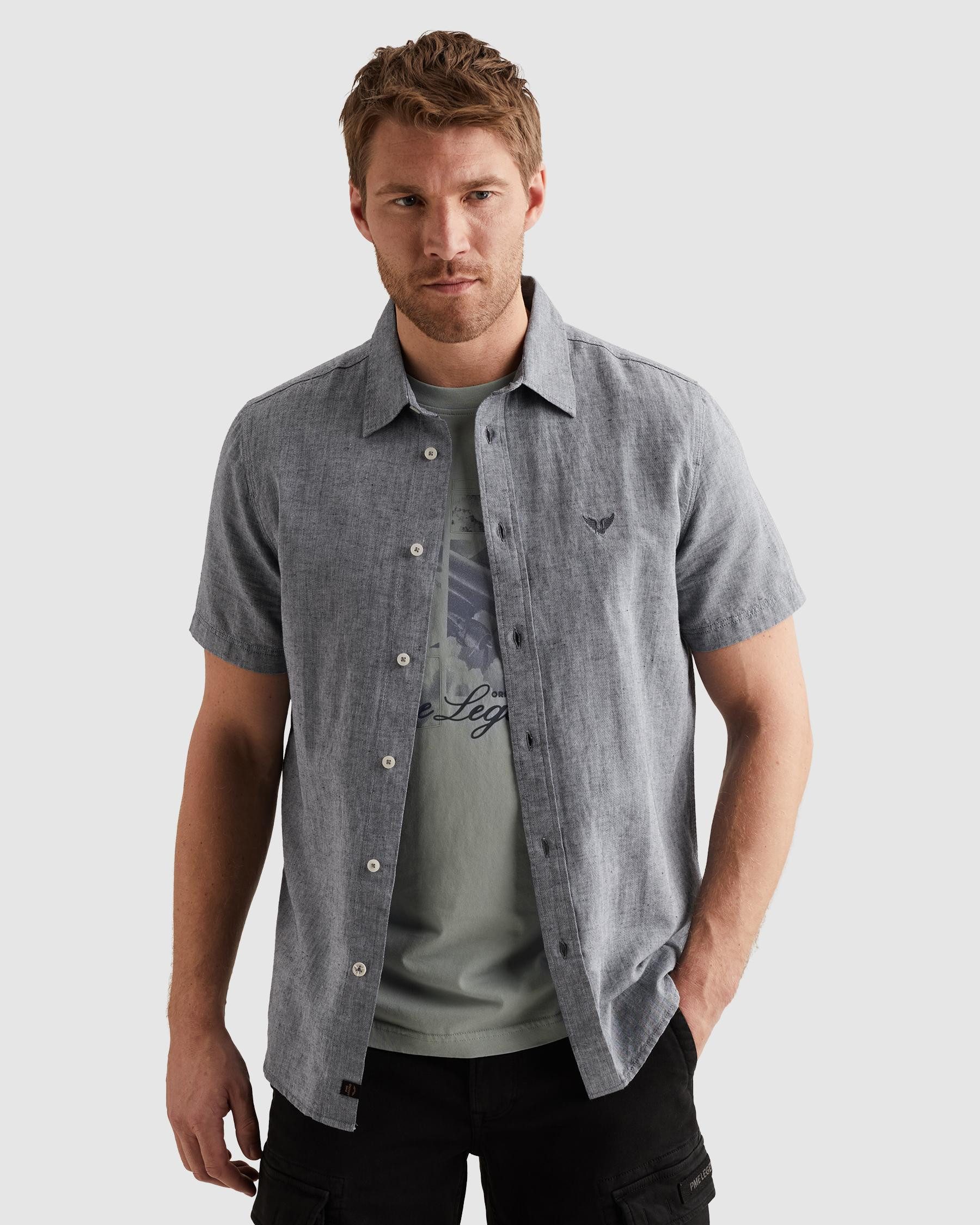PME LEGEND Kurzarmhemd Short Sleeve Shirt 2 tone Cotton/Linen mit Kent Kragen