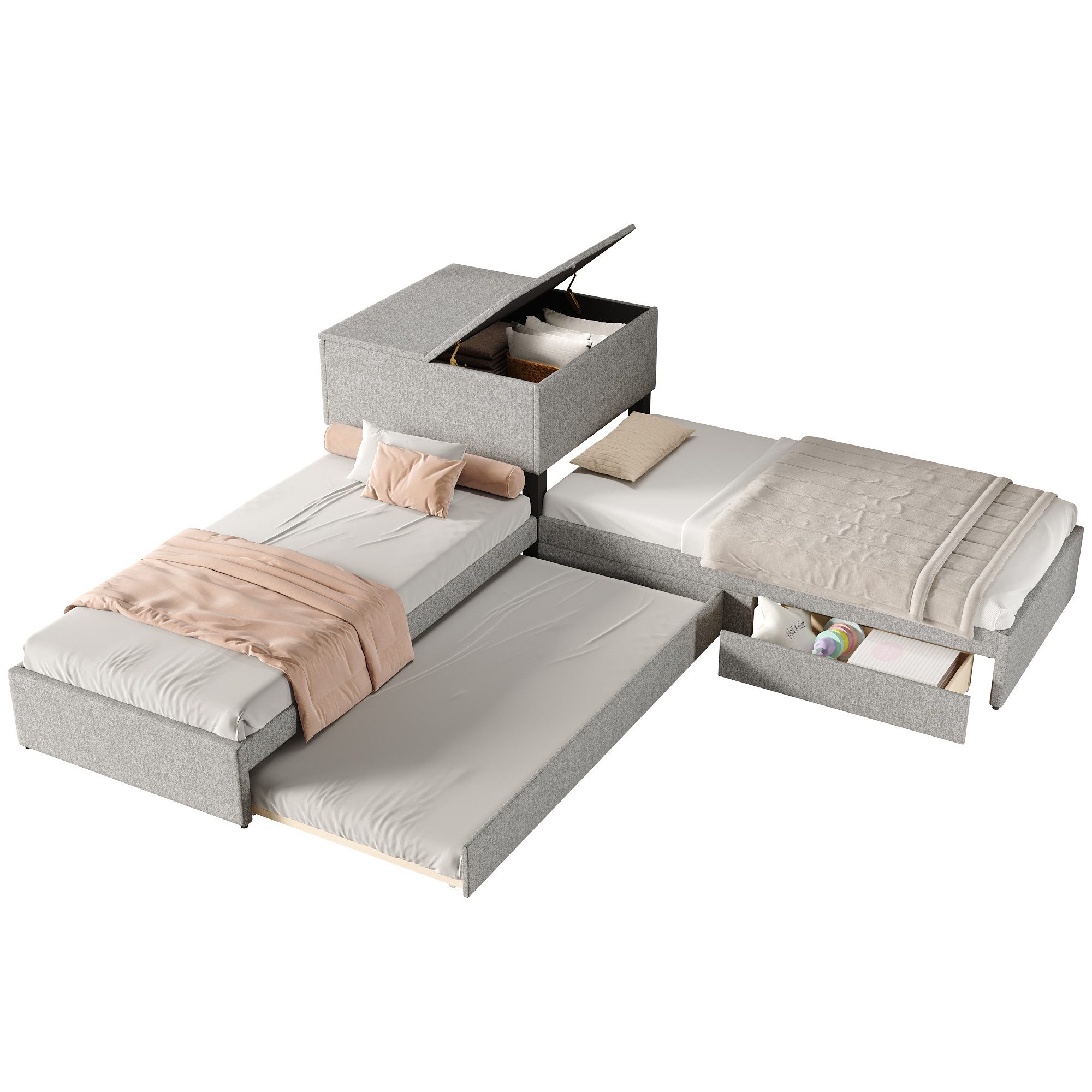 Odikalo Ausziehbett Polsterbett Daybett Eckbett 2*Einzelbett Schrank Schublade 90x200 cm, ohne Matratze, Funktionsbett mit Stauraum