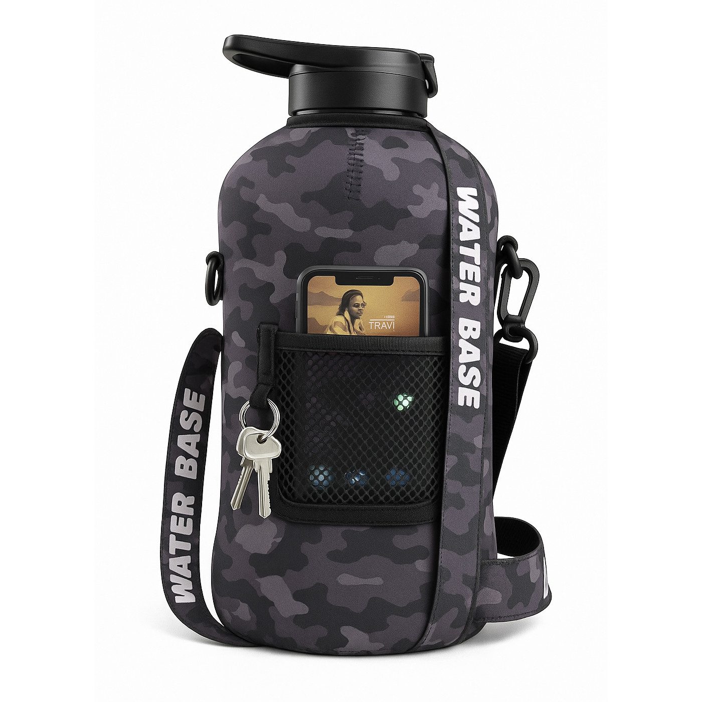 WATER BASE Trinkflasche 2,2 l Trinkflasche mit Neoprenhülle und zwei Deckeln