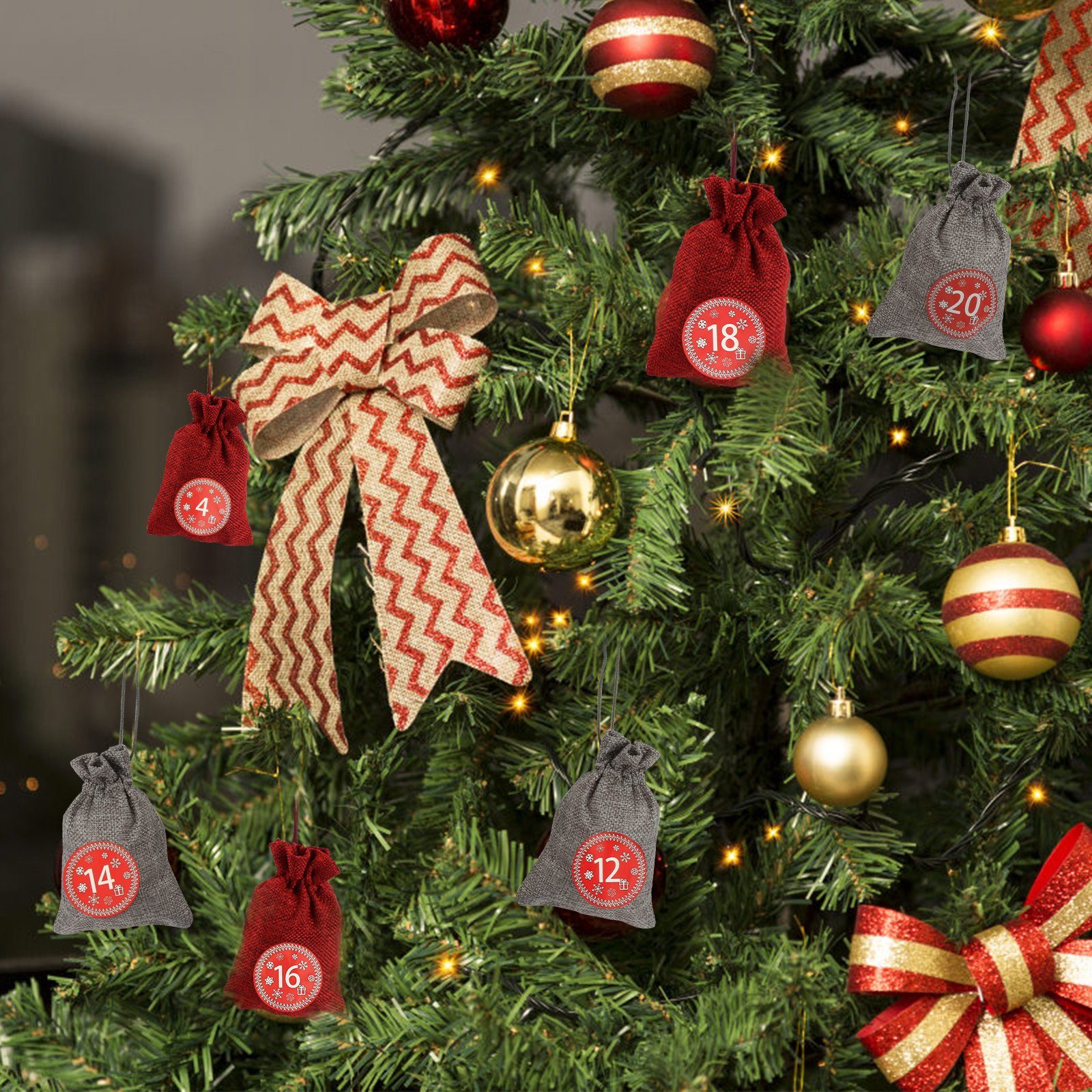Clanmacy Christbaumschmuck aus angenehmen naturleinen Beutel, ist Tannenbaum Säckchen befüllen und waschbar zum kleine stoff Weihnachtskalender Rot/Grau Jutesäckchen