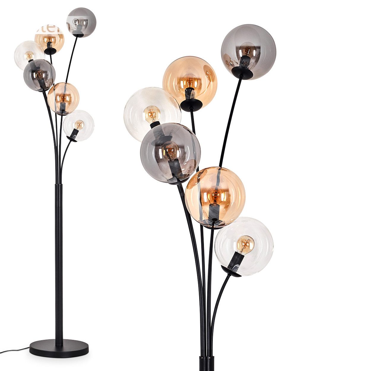 hofstein Stehlampe Stehlampe aus Metall/Glas in Schwarz/Klar/Rauch/Bernstein, ohne Leuchtmittel, Leuchte mit Glasschirmen(15cm), 168cm, 6 x E14, ohne Leuchtmittel