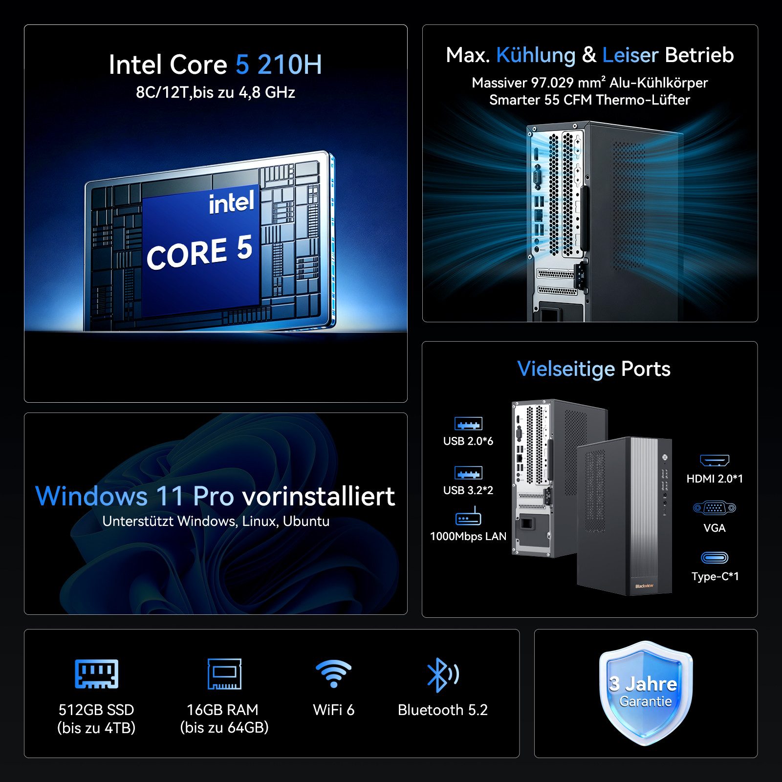 blackview 2026 NEX60 Desktop PC Intel Core 5 16GB RAM 512GB SSD Leiser Kühler Gaming-PC (Intel Intel Core 5, Intel UHD Graphics, 16 GB RAM, 512 GB SSD, Windows 11 Pro, 4K UHD/WiFi 6 gaming PC, Kompakt, Extrem leise)