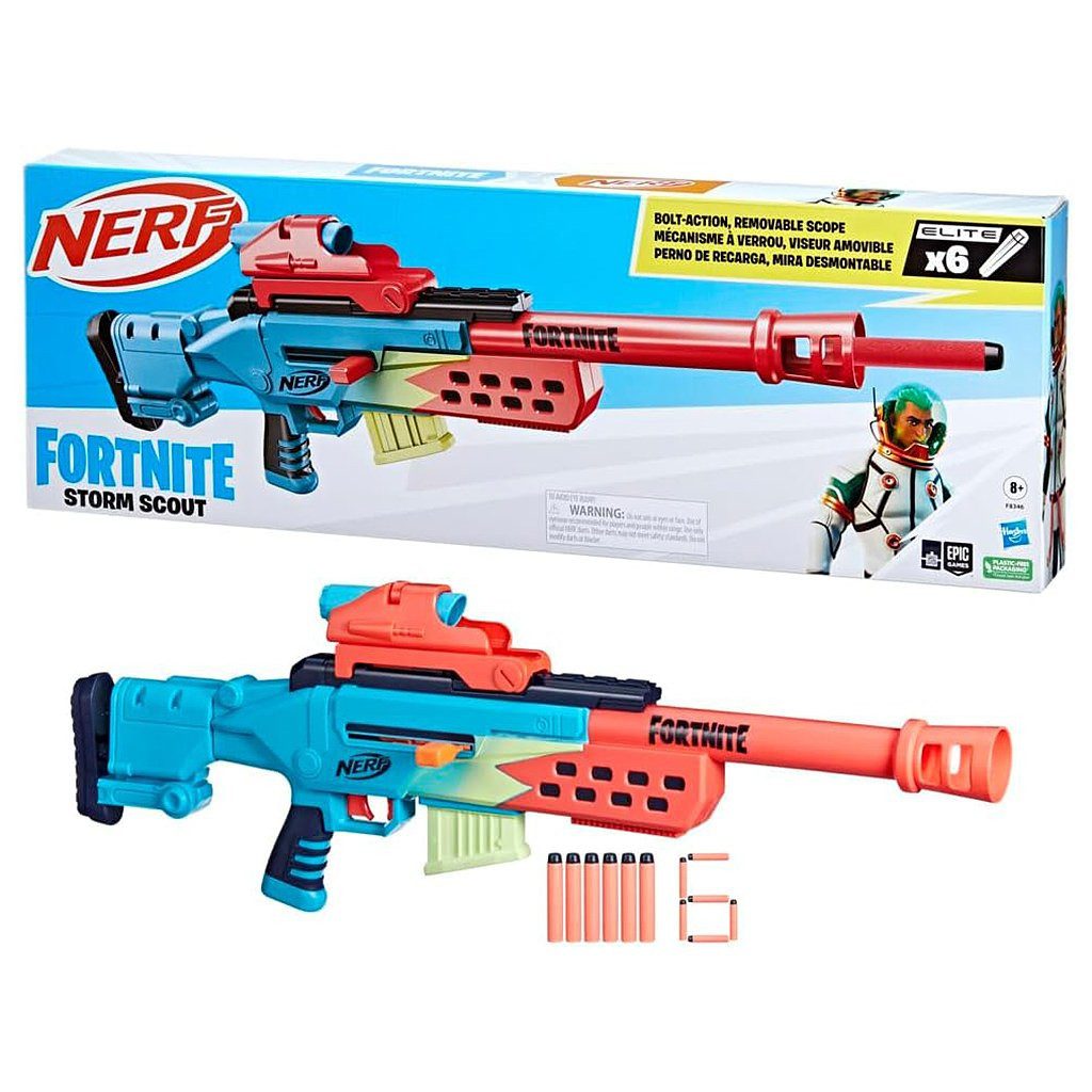 Hasbro Blaster NERF Fortnite Storm Scout - Blaster zielt 22m, Storm Scout Blaster: Coller Repetierer mit Magazin.