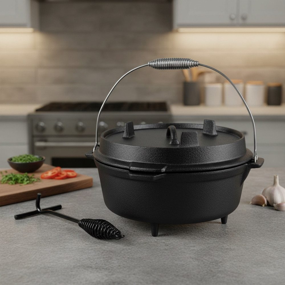 Mucola Feuertopf Dutch Oven Kochkessel Outdoorküche Schmortopf Grilltopf BBQ Gusseisen, Gusseisen (Stück, 3-tlg., Dutch Oven), Der Deckel kann als Bratpfanne genutzt werden