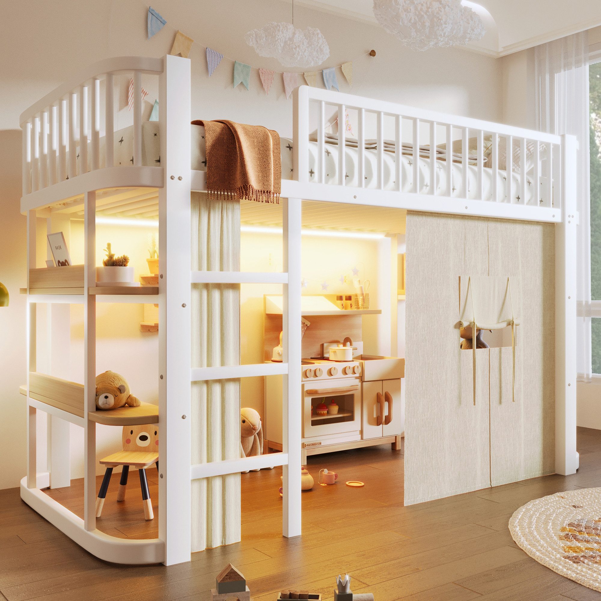 Merax Hochbett 90x200cm mit Verdunkelungsvorhängen und LED-Beleuchtung (1-St., Jugendbett Einzelbett) Metallbett Kinderbett mit Ablagefächern, Geländer, Stauraum unter Bett