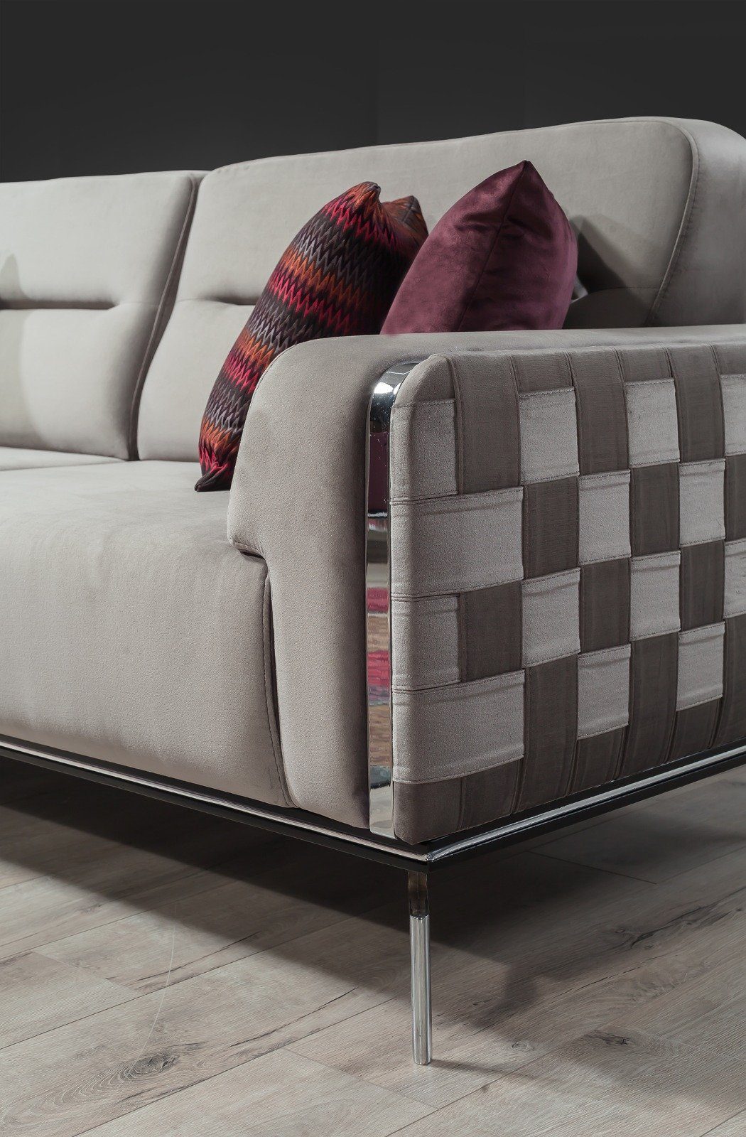 in Sofa Stk. 1 2-Sitzer, Villa Metallfüße Mikrofaserstoff, Made pflegeleichter Check, Turkey, Möbel Grau Quality