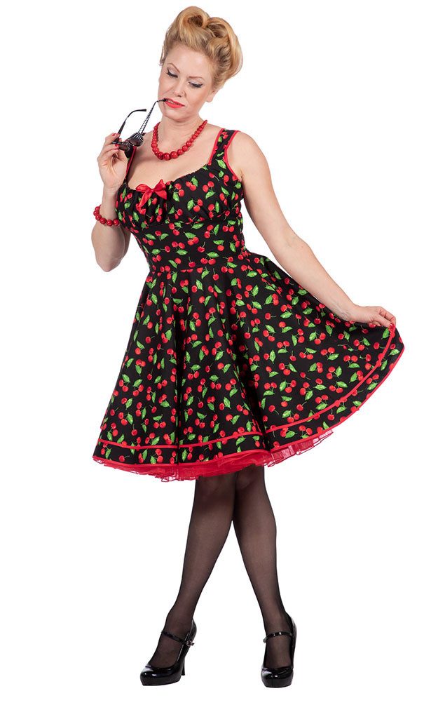 Karneval-Klamotten Kostüm 50er Jahre Damenkostüm Rockabilly Kleid Kirsch, Rock 'n Roll Kleid im Stil der 50er Frauenkostüm Karneval Fasching