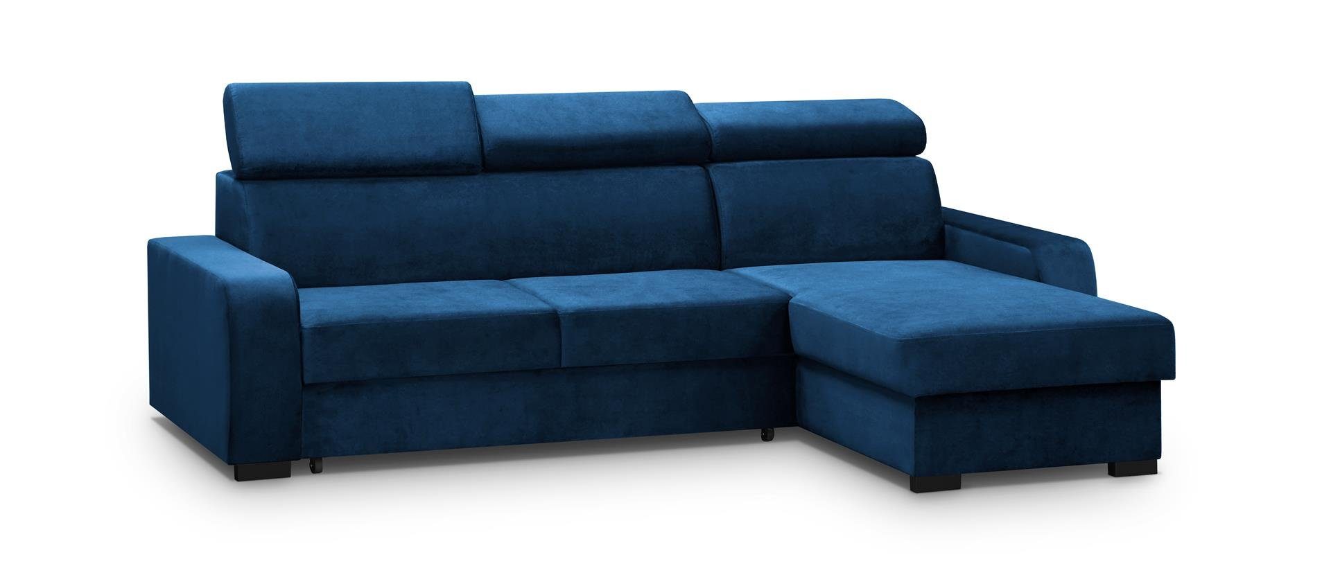 universelle mit (kronos Marineblau Beautysofa 237 Fox 09) verstellbaren L-Form, Ecksofa II, Bettkasten, Kopfstützen mane, cm Schlaffunktion,