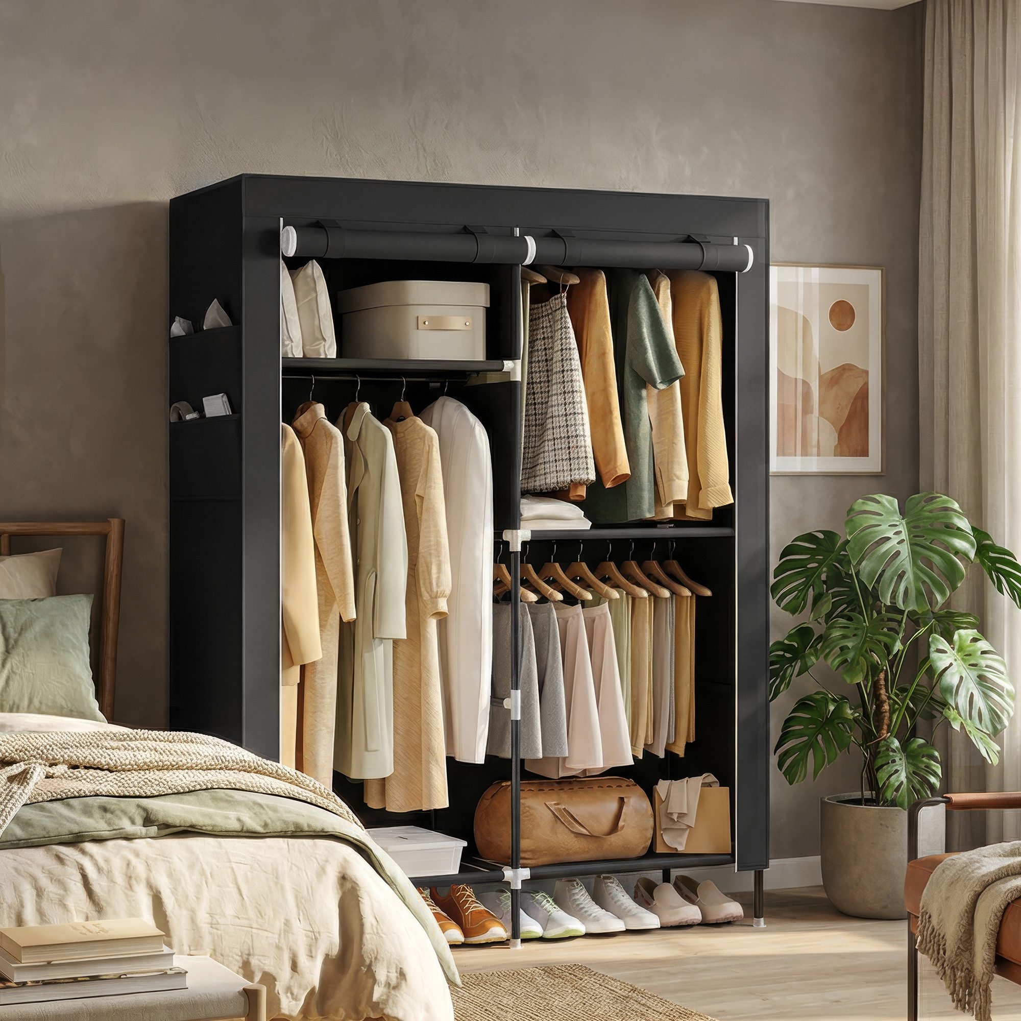 SONGMICS Kleiderschrank Stoffschrank, Schrank mit Kleiderstange, Ablagen, Seitentaschen, groß 3 Hängefächer, 45 x 127 x 180 cm