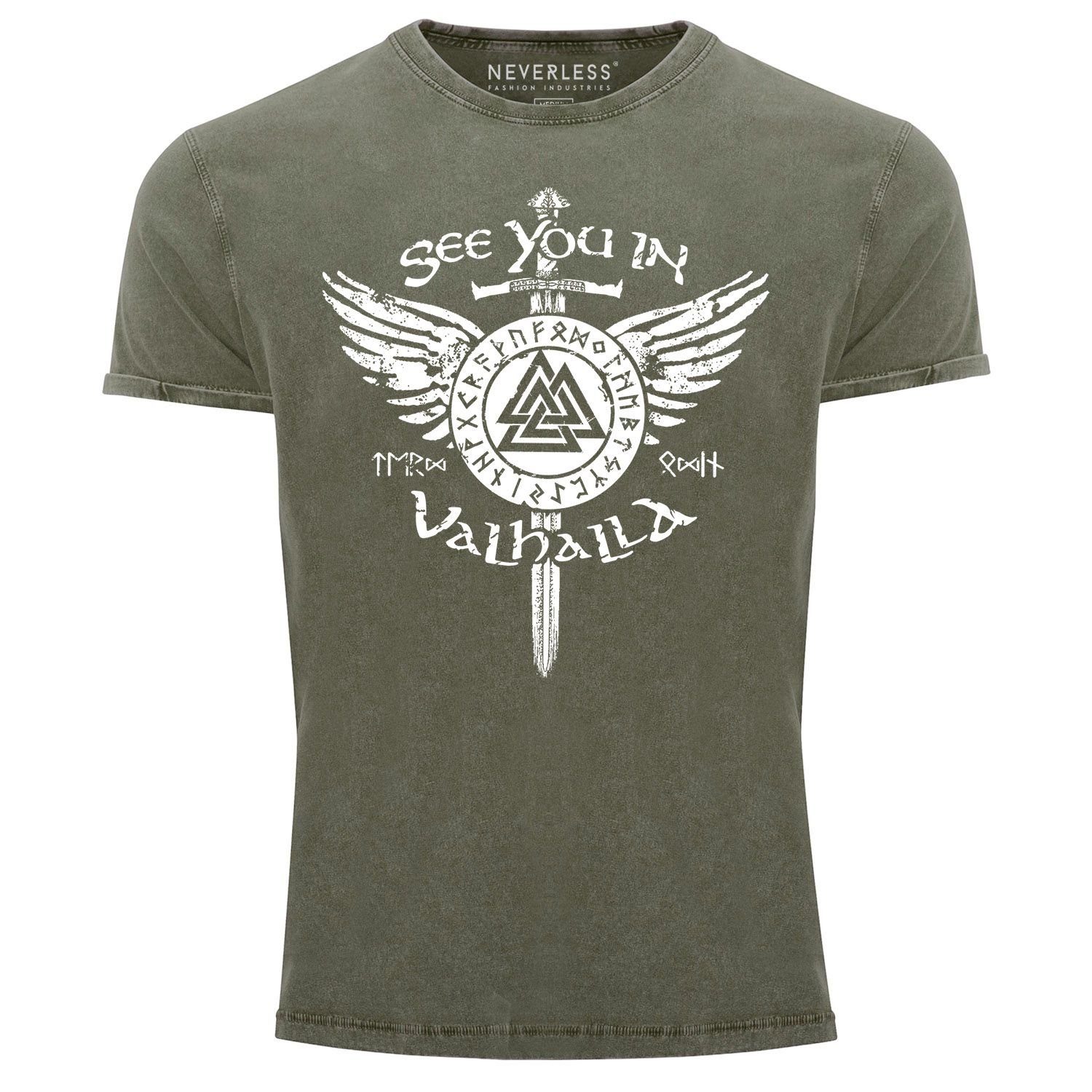Neverless Print-Shirt Herren Vintage Shirt See you in Valhalla Schwert Runen Odin Vikings mit Print
