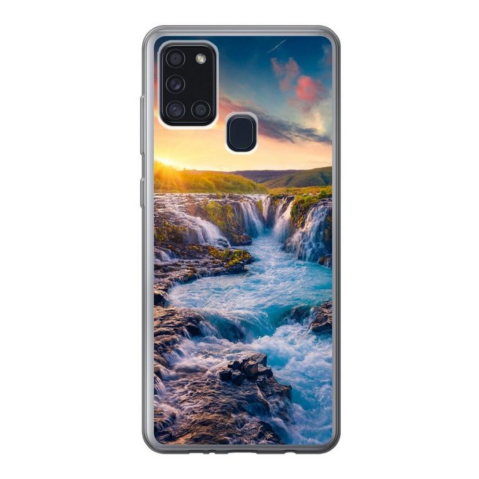 MuchoWow Handyhülle Wasserfall - Pflanzen - Moos - Landschaft - Sonnenuntergang - Fels Handyhülle Samsung Galaxy A21s Smartphone-Bumper Print Handy