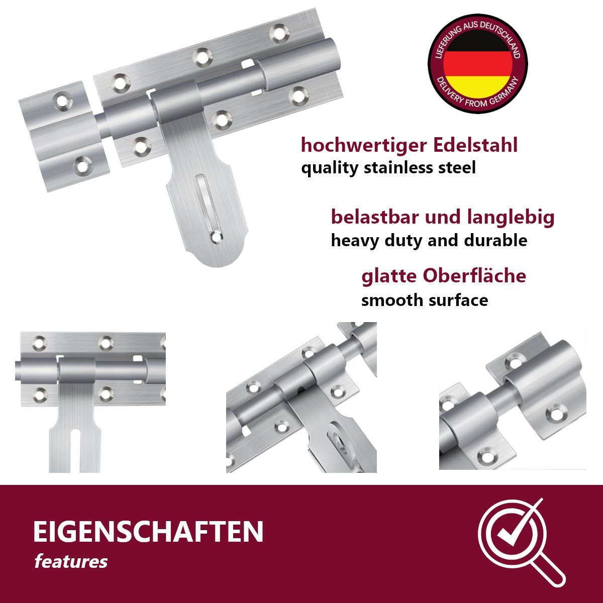HOOZ Türriegel aus Edelstahl für Türen und Tore im Haus und Garten, 3 versch. Größen, Din Rechts und Din Links, (Set, Riegelschloss), mit bequemem Schiebemechanismus
