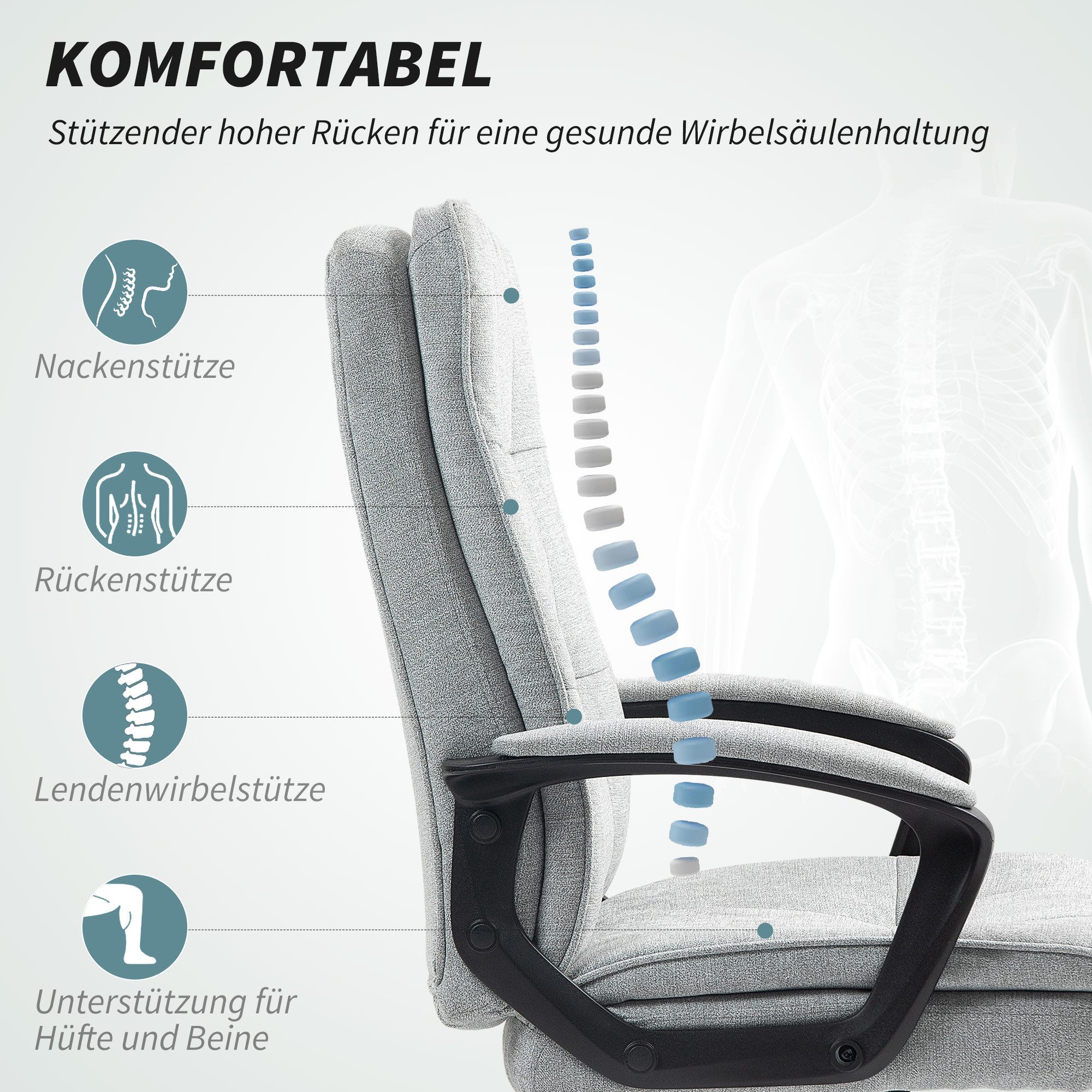 HOMCOM Bürostuhl Ergonomischer Stuhl Drehstuhl höhenverstellbar getuftert (Gepolstert Computerstuhl, 1 St), mit Armlehne, Leinenoptik, Grau – Bild 4 von 5