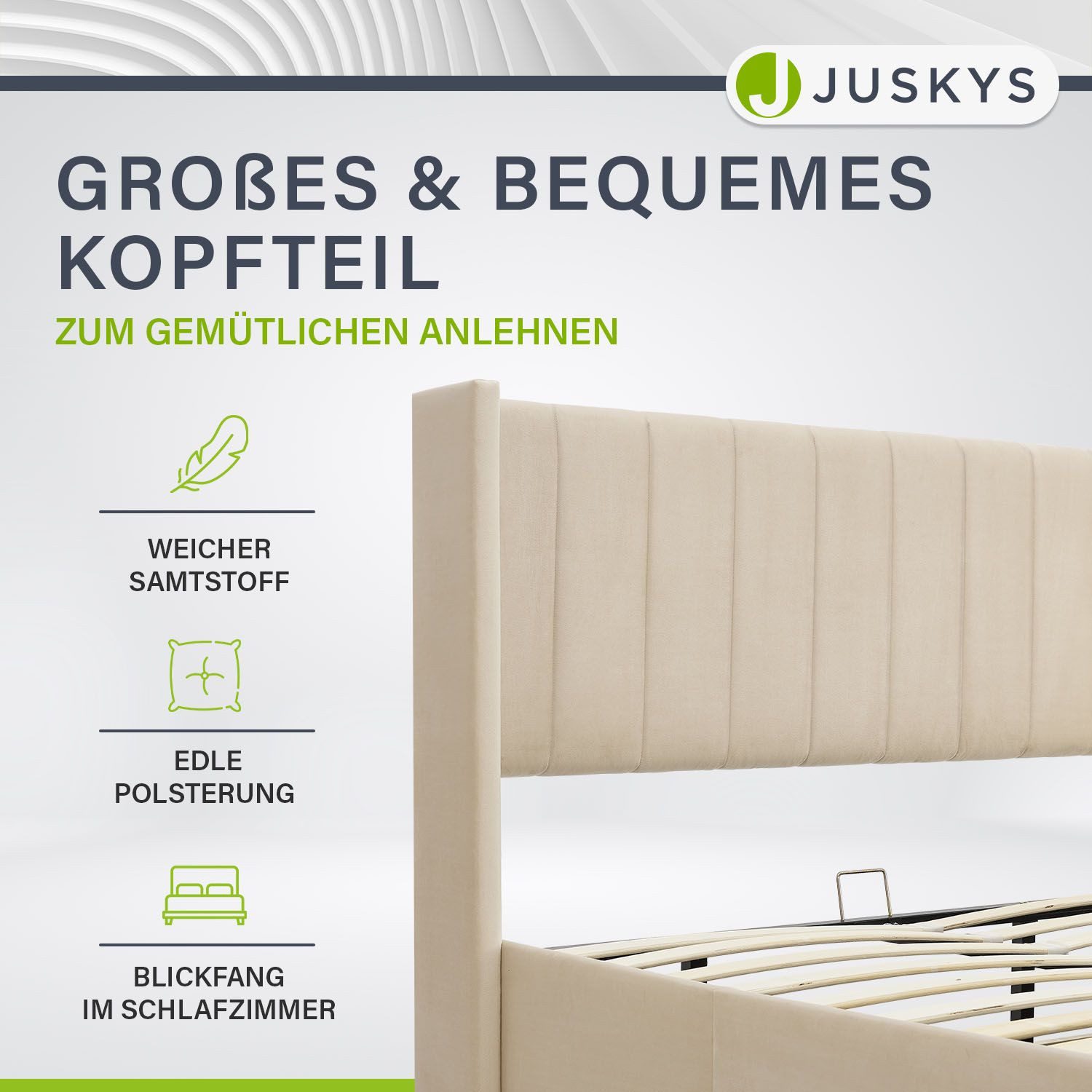 Juskys Polsterbett Savona, großer Stauraum, mit Gasdruckfeder, weicher Samt-Bezug