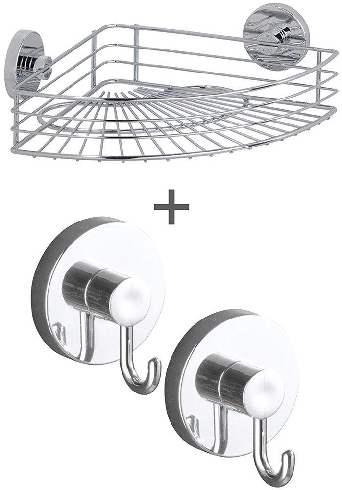 WENKO Eckregal Vacuum-Loc® Modell Bari, 3-tlg., fürs Badezimmer mit 2 Haken, Befestigen ohne Bohren