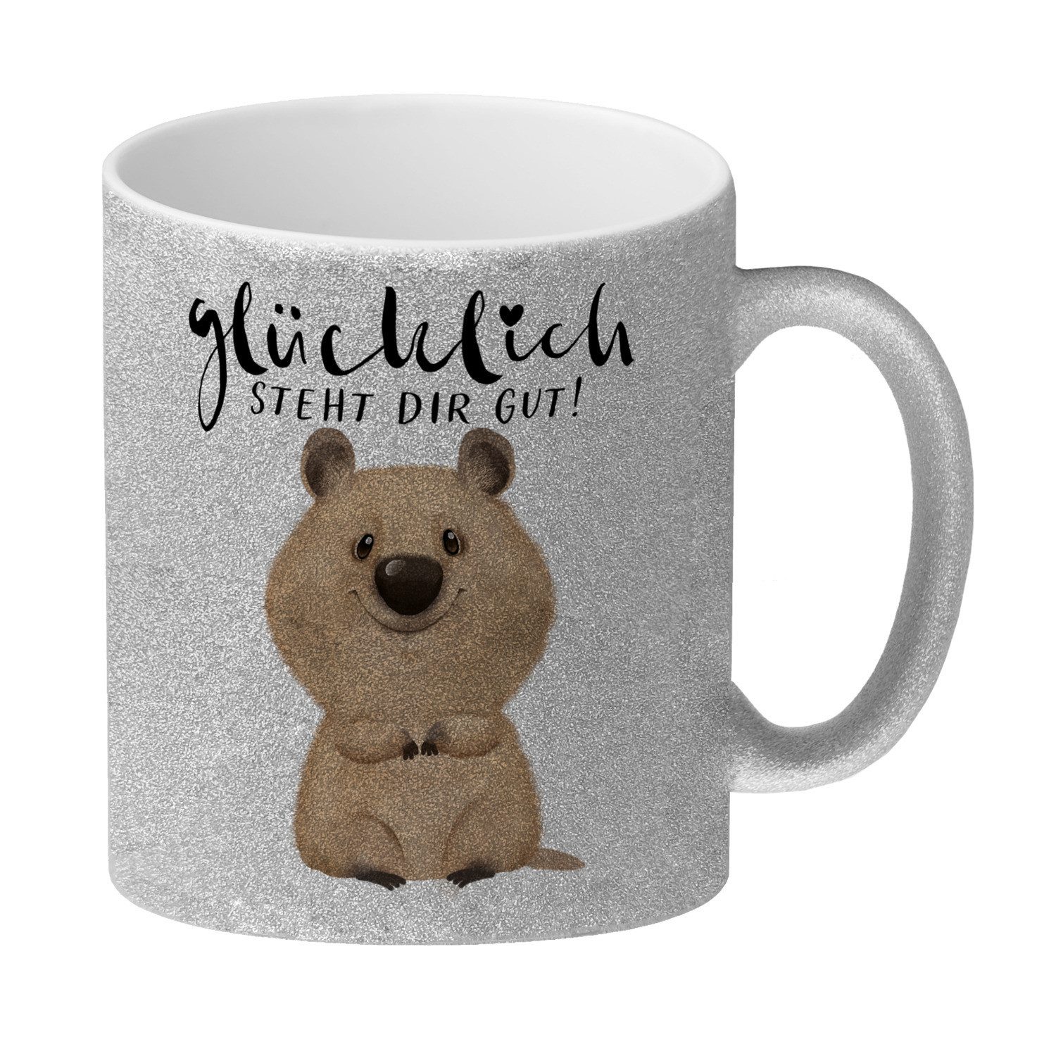 speecheese Tasse Quokka GlitzerKaffeebecher mit Spruch Glücklich steht