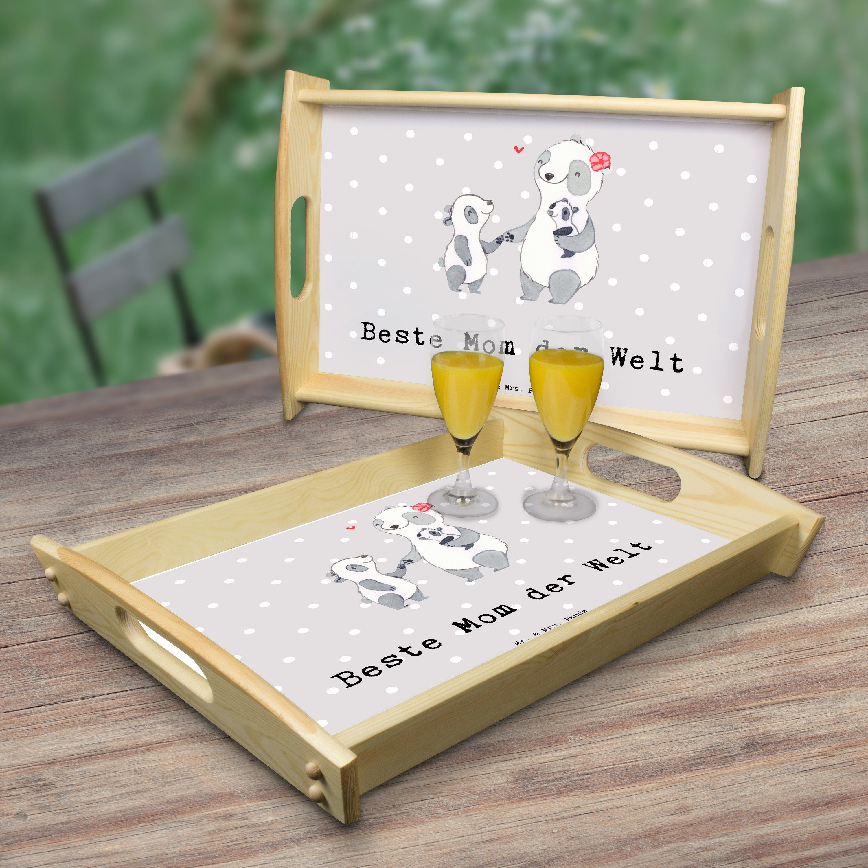 Mr. & Mrs. Panda Echtholz - (1-tlg) - Frühstückstablett, Geschenk, Beste der Grau Welt Panda Mom Pastell lasiert, Tablett