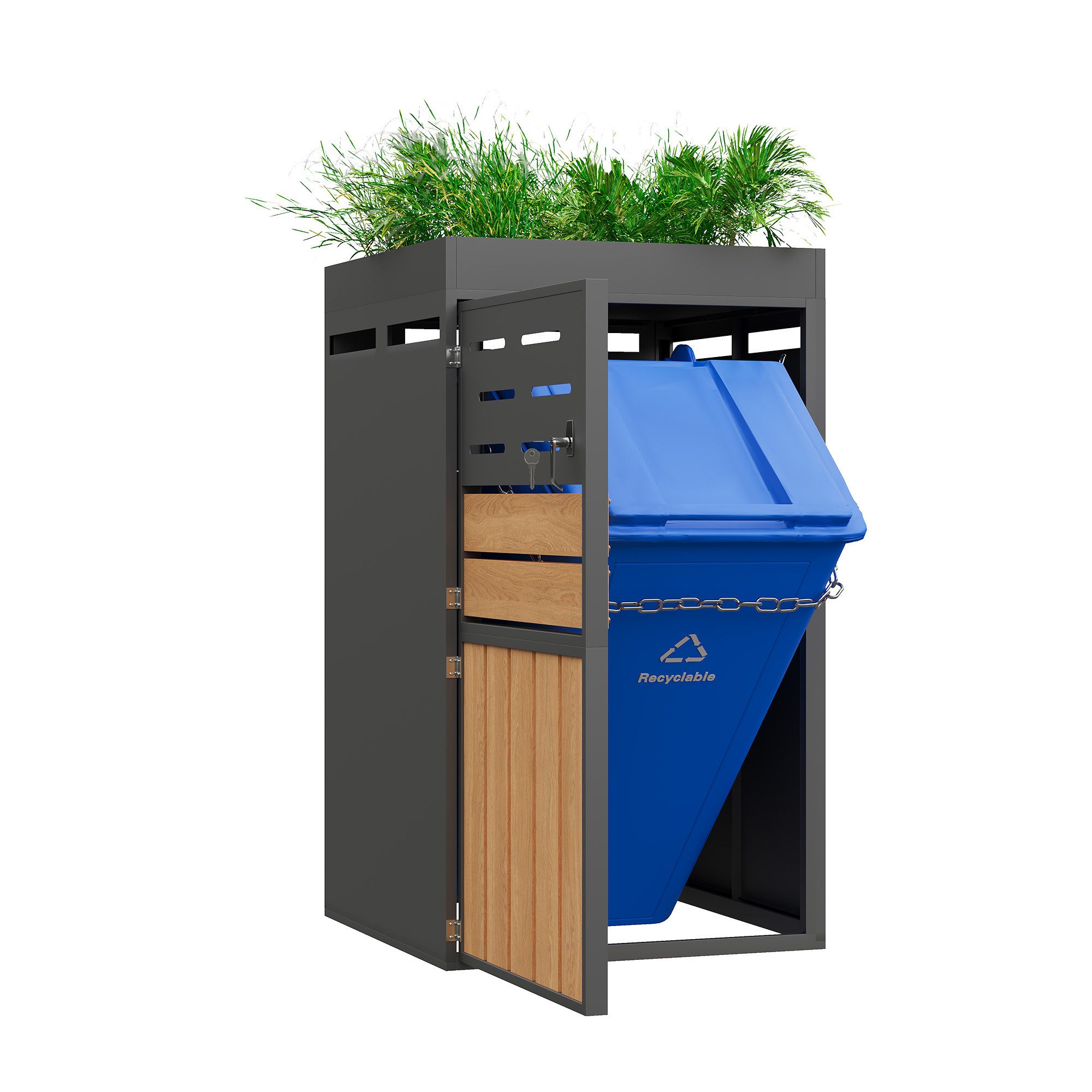 KLAM HOME Mülltonnenbox Außenschrank mit Pflanzkasten, verzinkter Stahl wetterfest (Gartenschrank 66x80x128cm mit Belüftung & Sicherungskette), 2-in-1 Gartenschrank abschließbar platzsparend & dekorativ