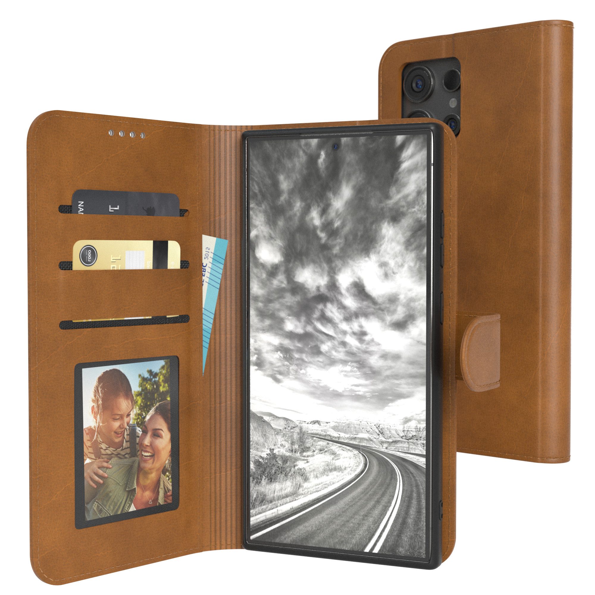 EAZY CASE Handyhülle Business Handytasche für Samsung Galaxy S24 Ultra 6,8 Zoll, Flipcase mit Sichtfenster für Foto Klapp Hülle Kartenetui Hellbraun
