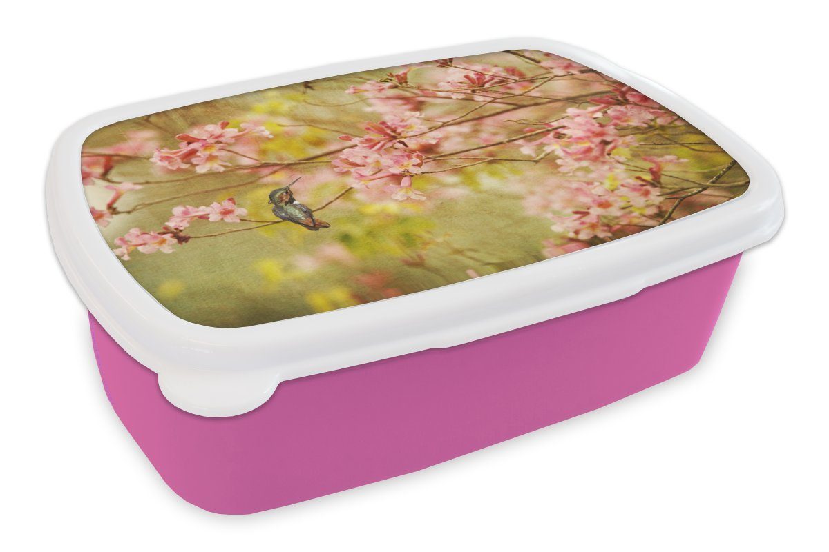 MuchoWow Lunchbox Vogel - Kolibri - Blüte - Rosa, Kunststoff, (2-tlg), Brotbox für Erwachsene, Brotdose Kinder, Snackbox, Mädchen, Kunststoff