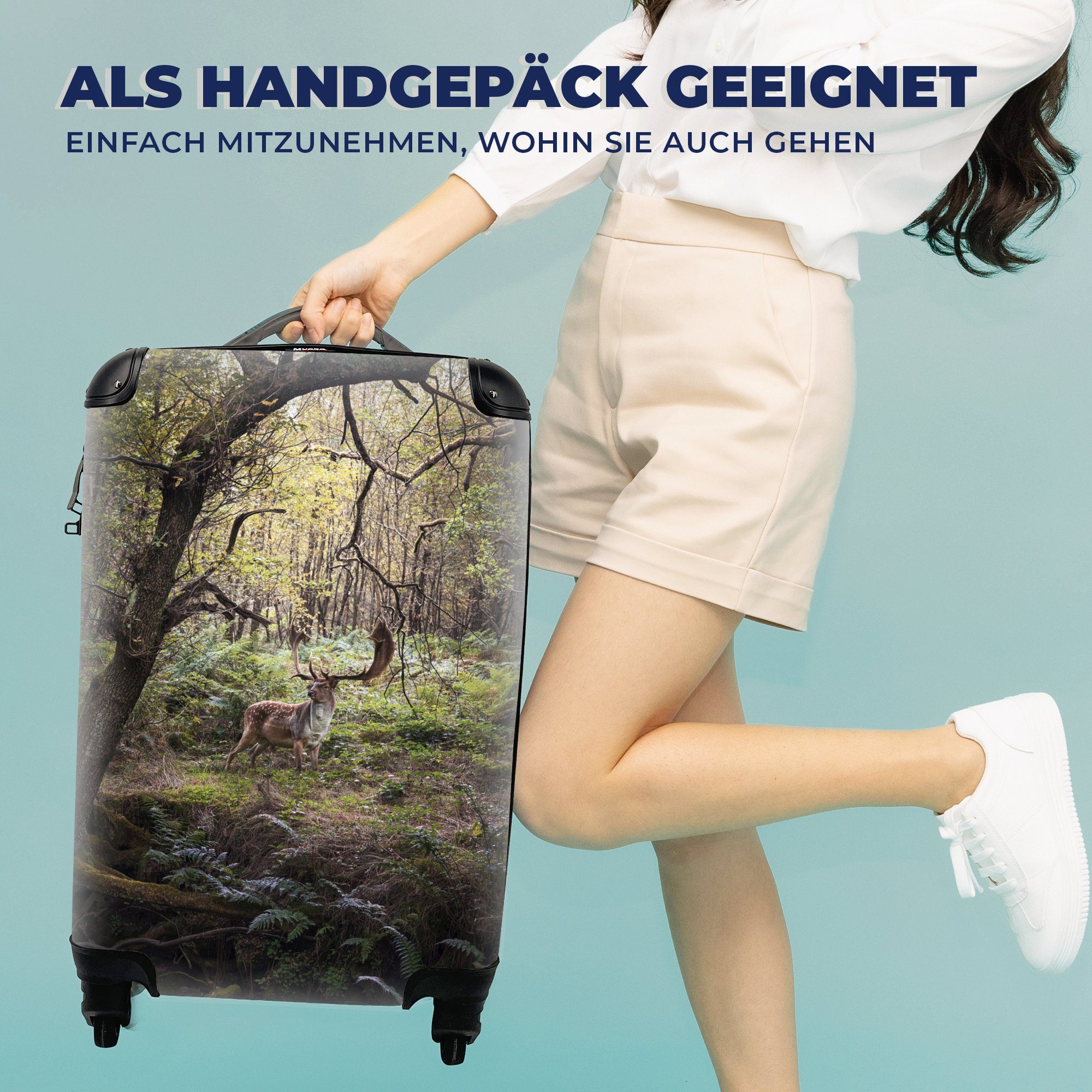 Handgepäck Trolley, Handgepäckkoffer Reisetasche rollen, Waldtier Hirsch mit Sonne, 4 Ferien, Reisekoffer Rollen, - MuchoWow - für