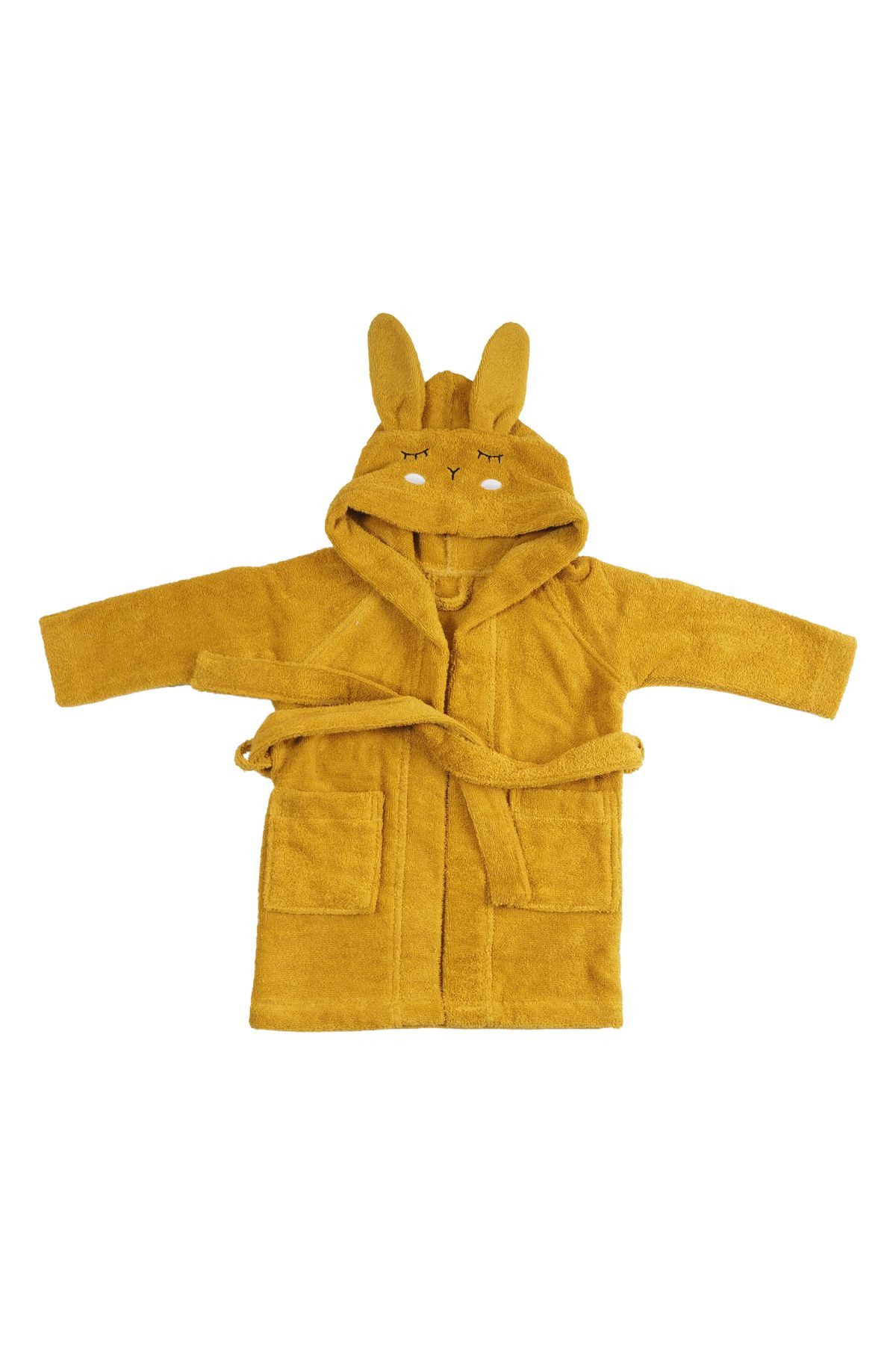 kikadu Kinderbademantel Bademantel Hase Mustard- 5/6 Jahre, kuschelig weich Bio-Baumwolle