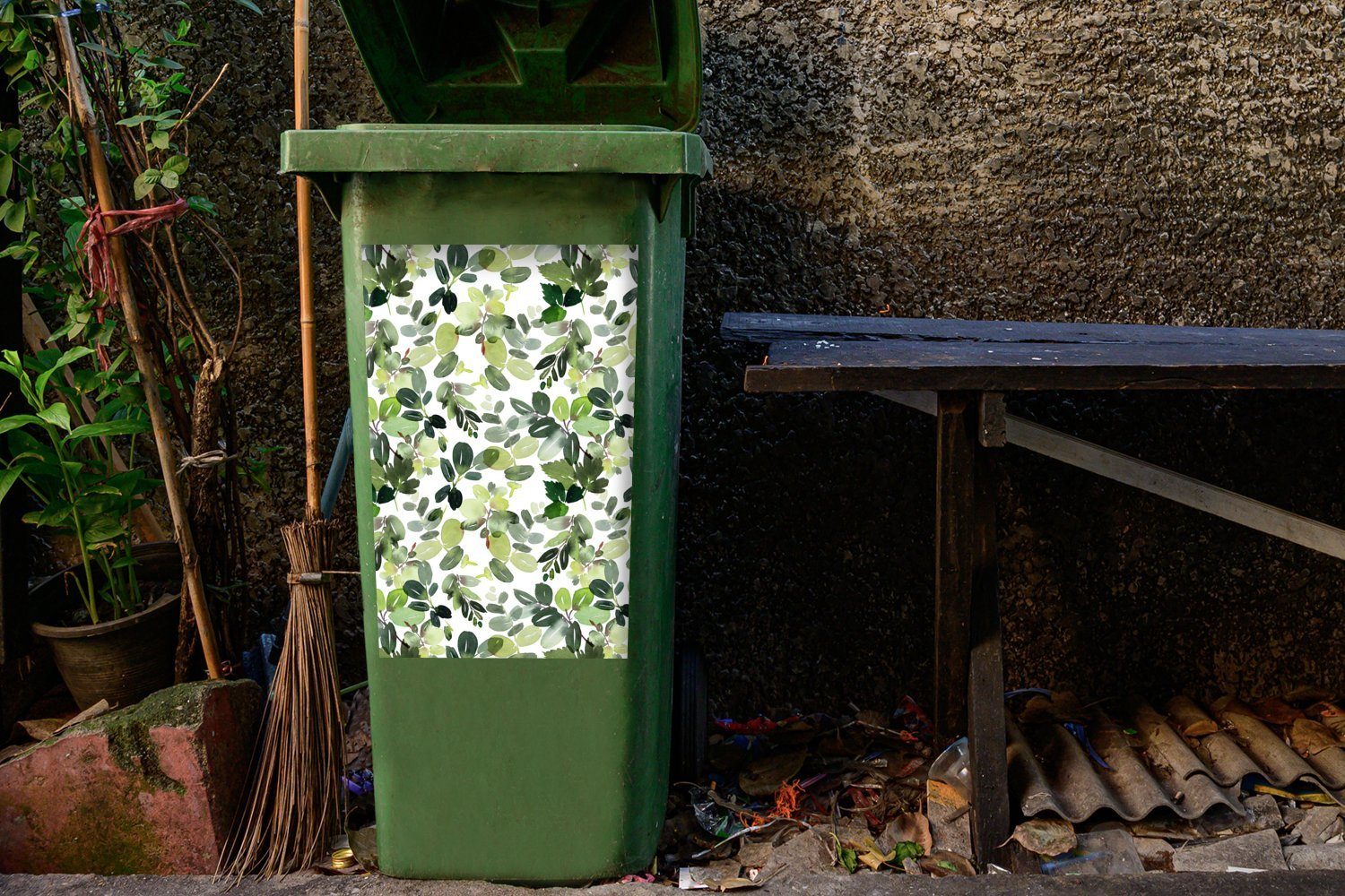 - (1 - Weiß Blätter St), Abfalbehälter MuchoWow Mülleimer-aufkleber, Container, Aquarell Wandsticker Mülltonne, Sticker,