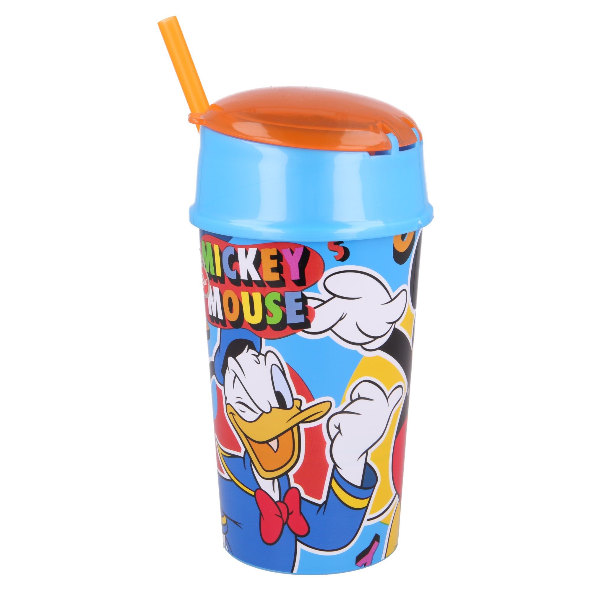 Disney Mickey Mouse Kinderbecher Mickey Maus, Kunststoff, 2 in 1 Becher 400 ml mit integriertem Snackfach & Trinkhalm BPA frei