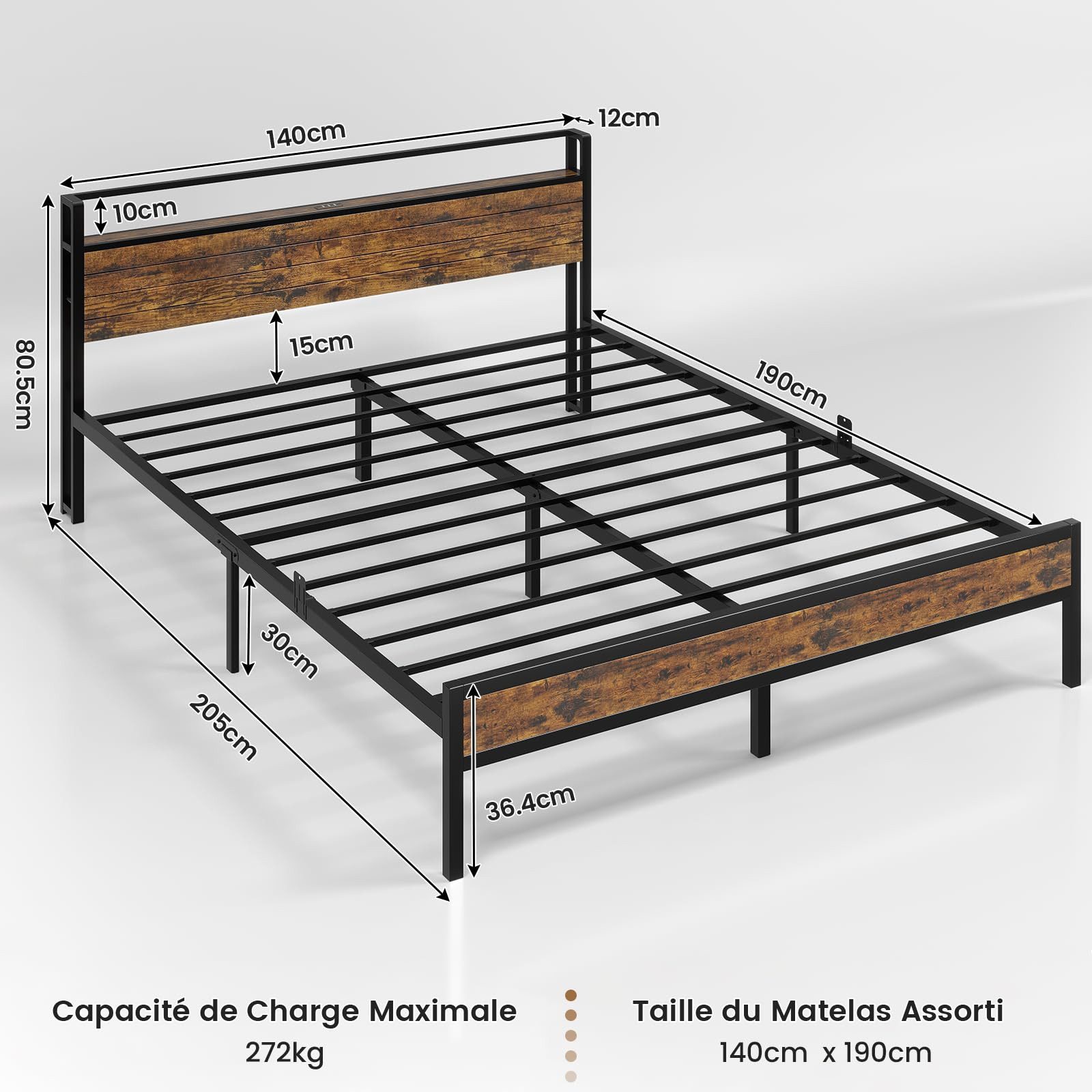 MSMASK Metallbett mit 3 USB-Anschlüssen und LED Beleuchtung, Vintage Braun günstig online kaufen