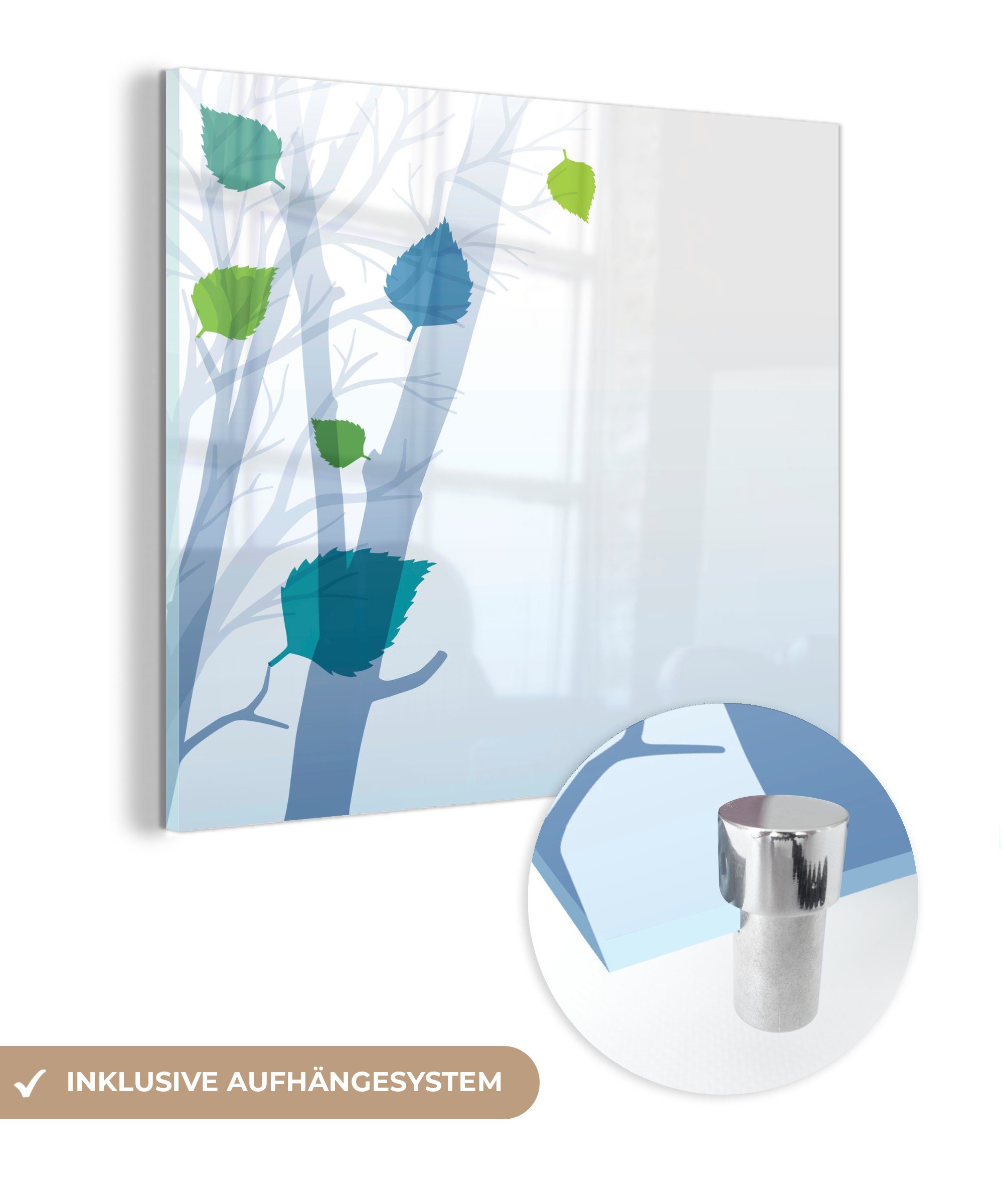MuchoWow Acrylglasbild Minimalistische Illustration Bäume im Frühling, (1 St), Glasbilder - Bilder auf Glas Wandbild - Foto auf Glas - Wanddekoration | Bilder
