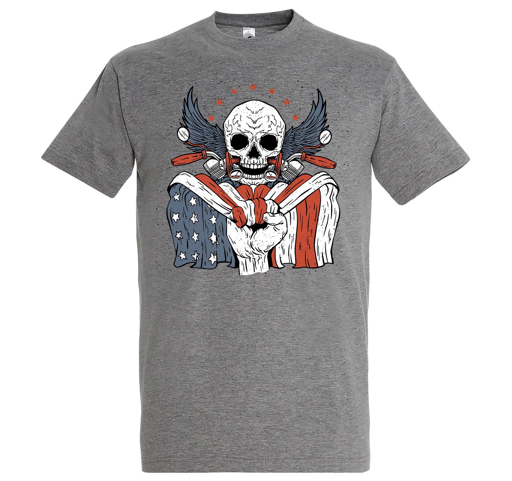 T-Shirt Designz Herren Biker USA Grau lustigem Skull Logo Aufdruck mit Youth Print-Shirt