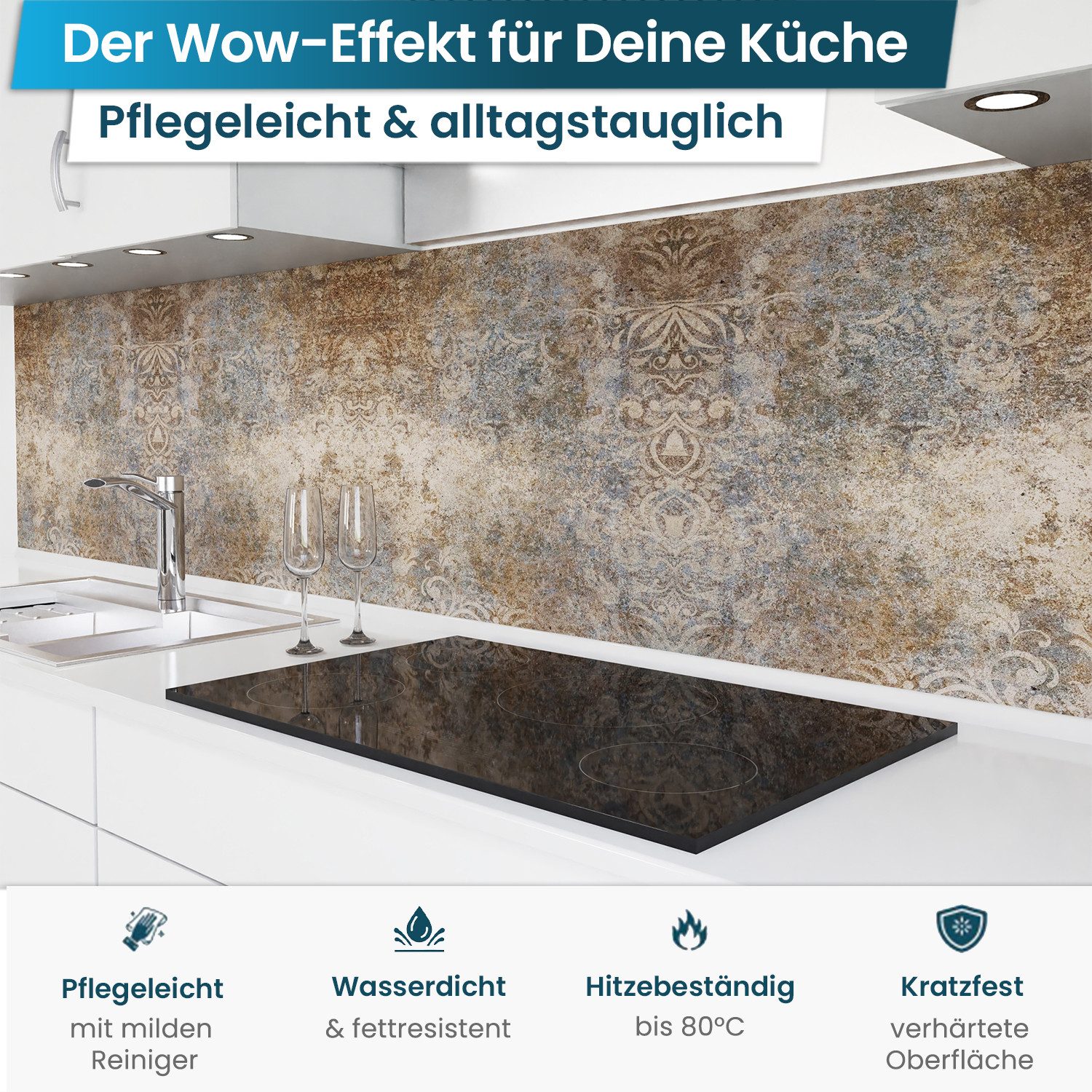 danario Küchenrückwand Folie selbstklebend - Matt - Spritzschutz Küche - versteift & robust