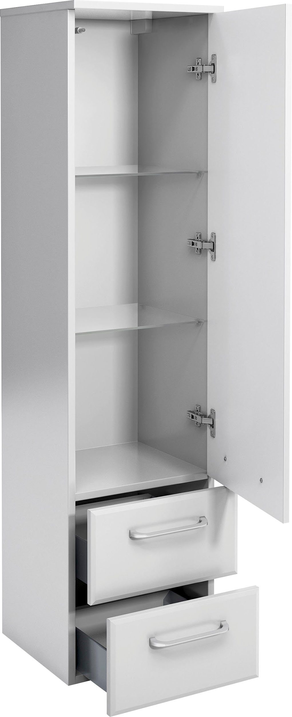 Saphir Midischrank Quickset Badschrank 35 cm breit, 1 Tür, 2 Schubladen, 2 Einlegeböden Badezimmer-Midischrank inkl. Türdämpfer, Griffe in Chrom glänzend