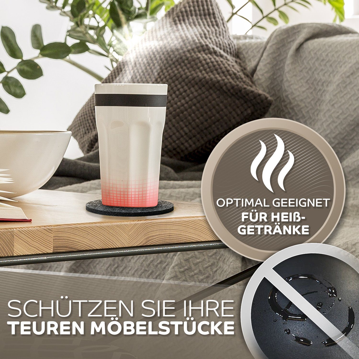 Loco Bird Getränkeuntersetzer 12er Set inkl. Halterung rund aus Filz, Zubehör für Getränke, Tassen, Bar, Glas, Design Glasuntersetzer in dunkelgrau, Tischunters – Bild 3 von 5