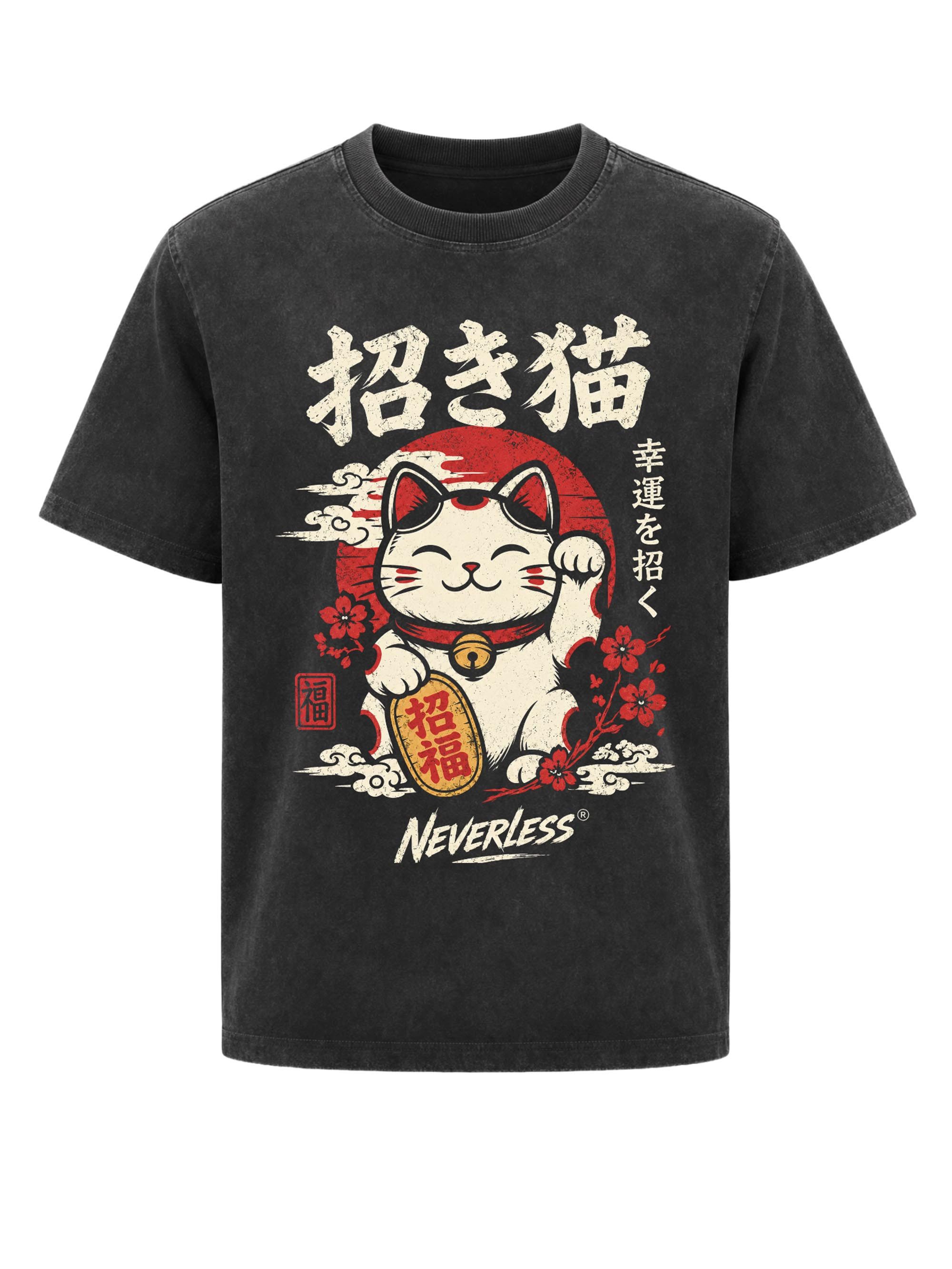 Neverless Oversize-Shirt Neverless Herren T-Shirt Glückskatze Frontprint, Relaxed Fit, Vintage mit Print