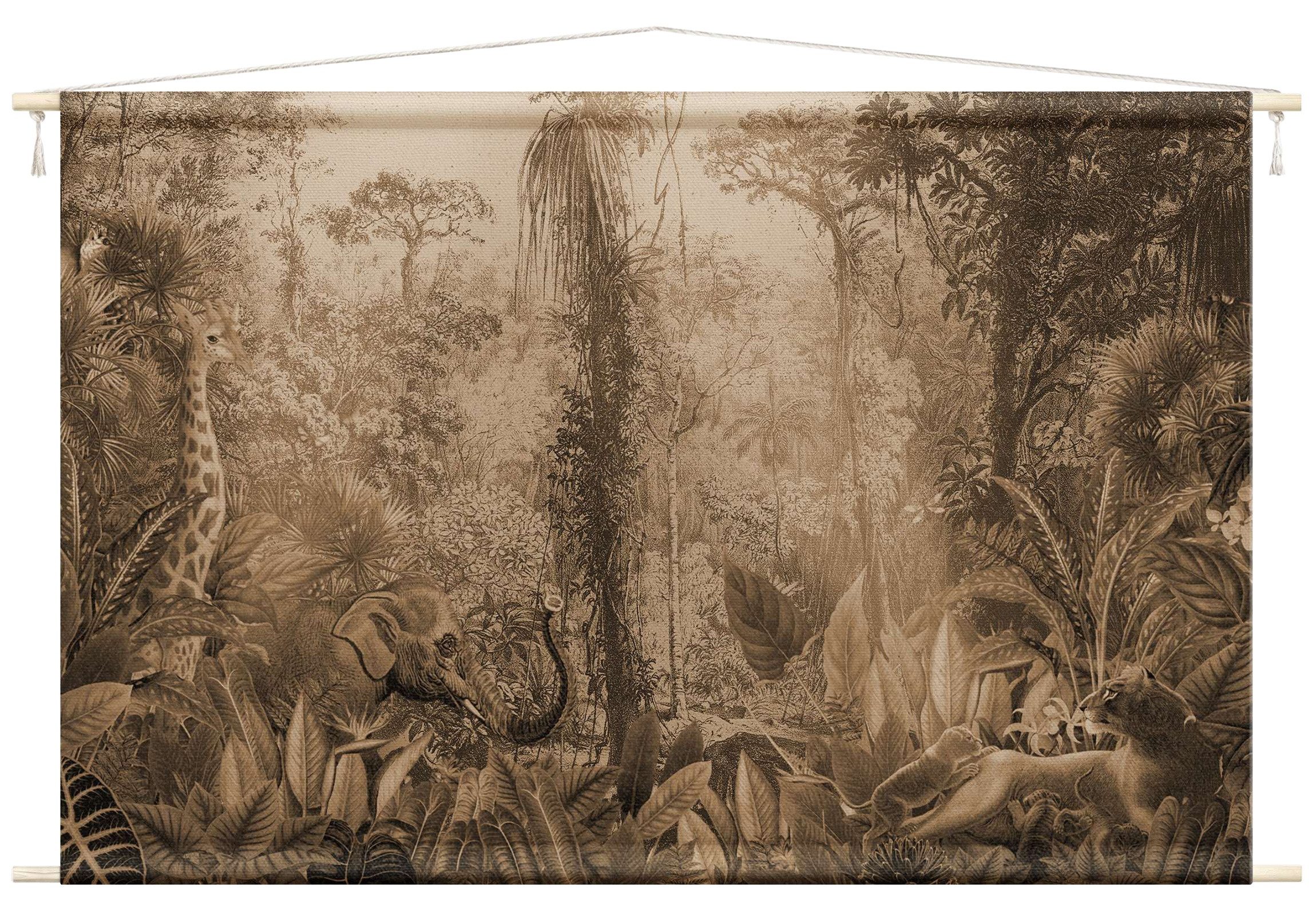 Bilderdepot24 Wandteppich modern Wald Dschungel Natur Vintage Tiere Elefant braun, rechteckig, Höhe: 2.6 mm, großes Wandbild aus Natur-Baumwolle Wandbehang Stoffbild Tuch Wollseil